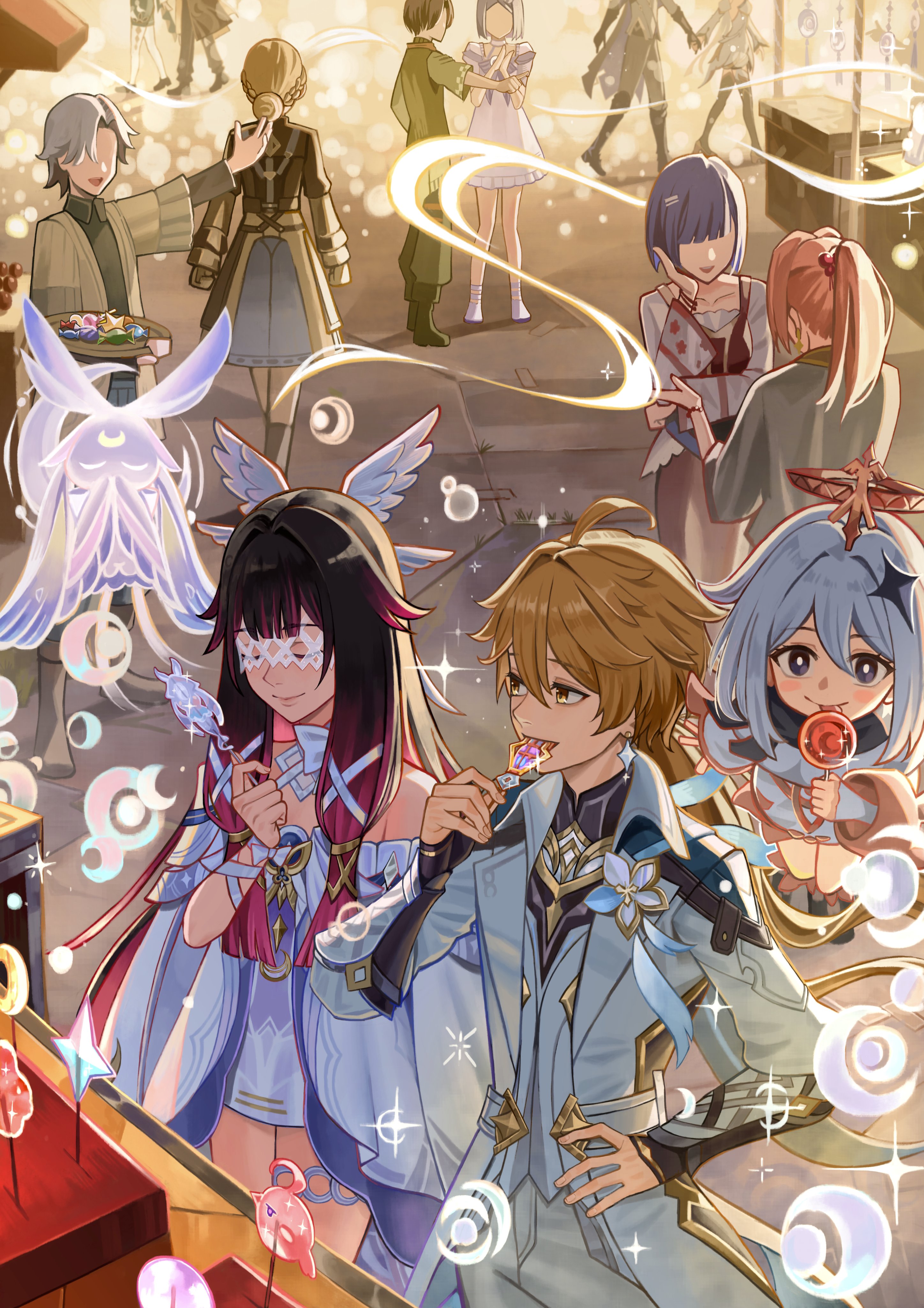 afureru colors, aether (as heaven and earth are made anew) (genshin impact), aether (genshin impact), columbina (genshin impact), luonnotar (genshin impact), paimon (genshin impact), genshin impact, absurdres, commentary, highres, symbol-only commentary, 1boy, 2girls, ahoge, bare shoulders, black hair, blonde hair, bow, closed eyes, closed mouth, coat, eating, eye mask, floating, food, hair between eyes, hair ornament, halo, hand on own hip, hand up, holding, holding food, long hair, looking at another, mask, multiple girls, official alternate costume, purple hair, smile, star (symbol), star hair ornament, very long hair, white bow, white coat, white halo, wing hair ornament