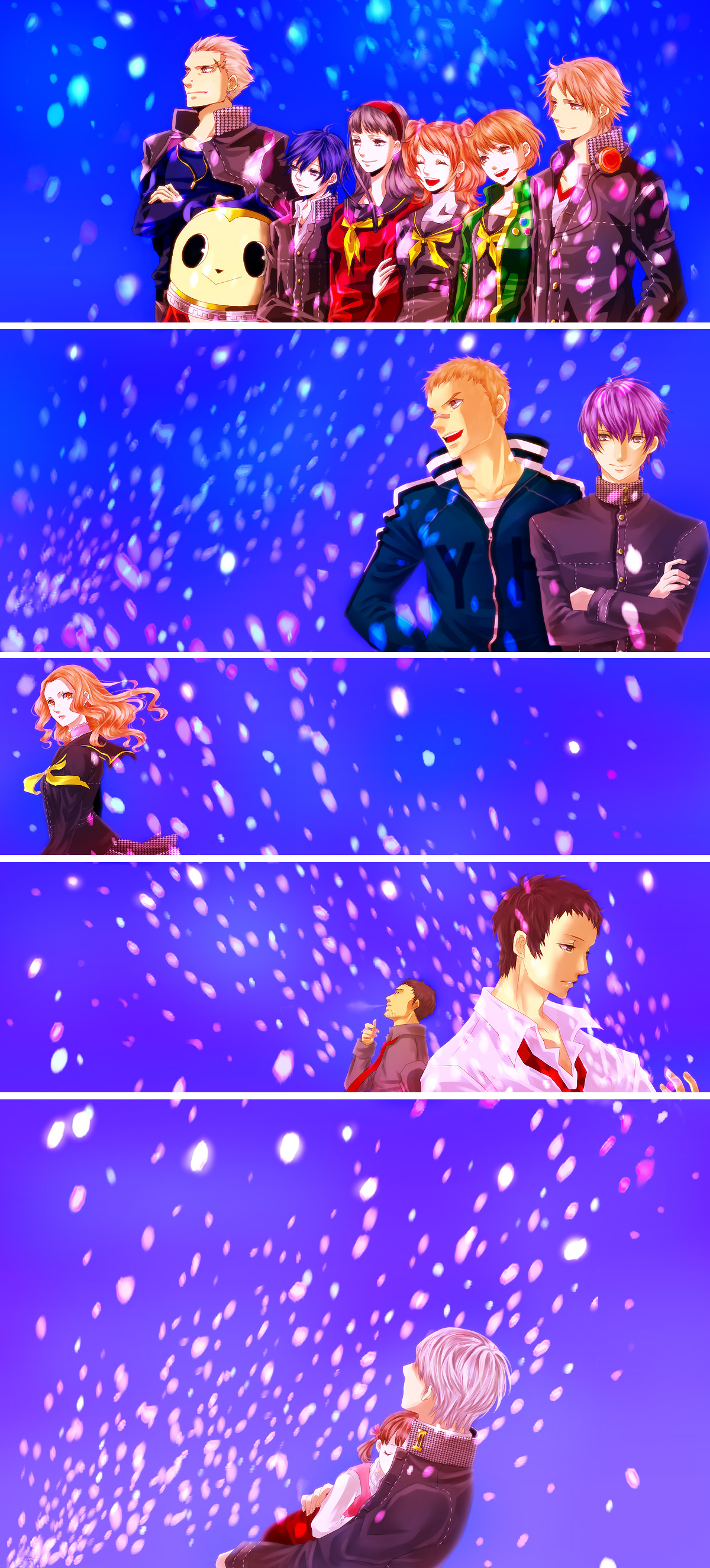 chiru (sanifani), adachi tooru, amagi yukiko, doujima nanako, doujima ryoutarou, ebihara ai, hanamura yousuke, kujikawa rise, kuma (persona 4), nagase daisuke, narukami yu, satonaka chie, shirogane naoto, tatsumi kanji, atlus, megami tensei, persona, persona 4, shin megami tensei, absurdres, highres, 6+boys, 6+girls, androgynous, black eyes, black hair, blue eyes, blue hair, brown eyes, brown hair, cigarette, closed eyes, curly hair, earrings, grey hair, hairband, headphones, hug, jacket, jewelry, long hair, multiple boys, multiple girls, necktie, red hair, reverse trap, scar, school uniform, serafuku, short hair, smile, track jacket, twintails