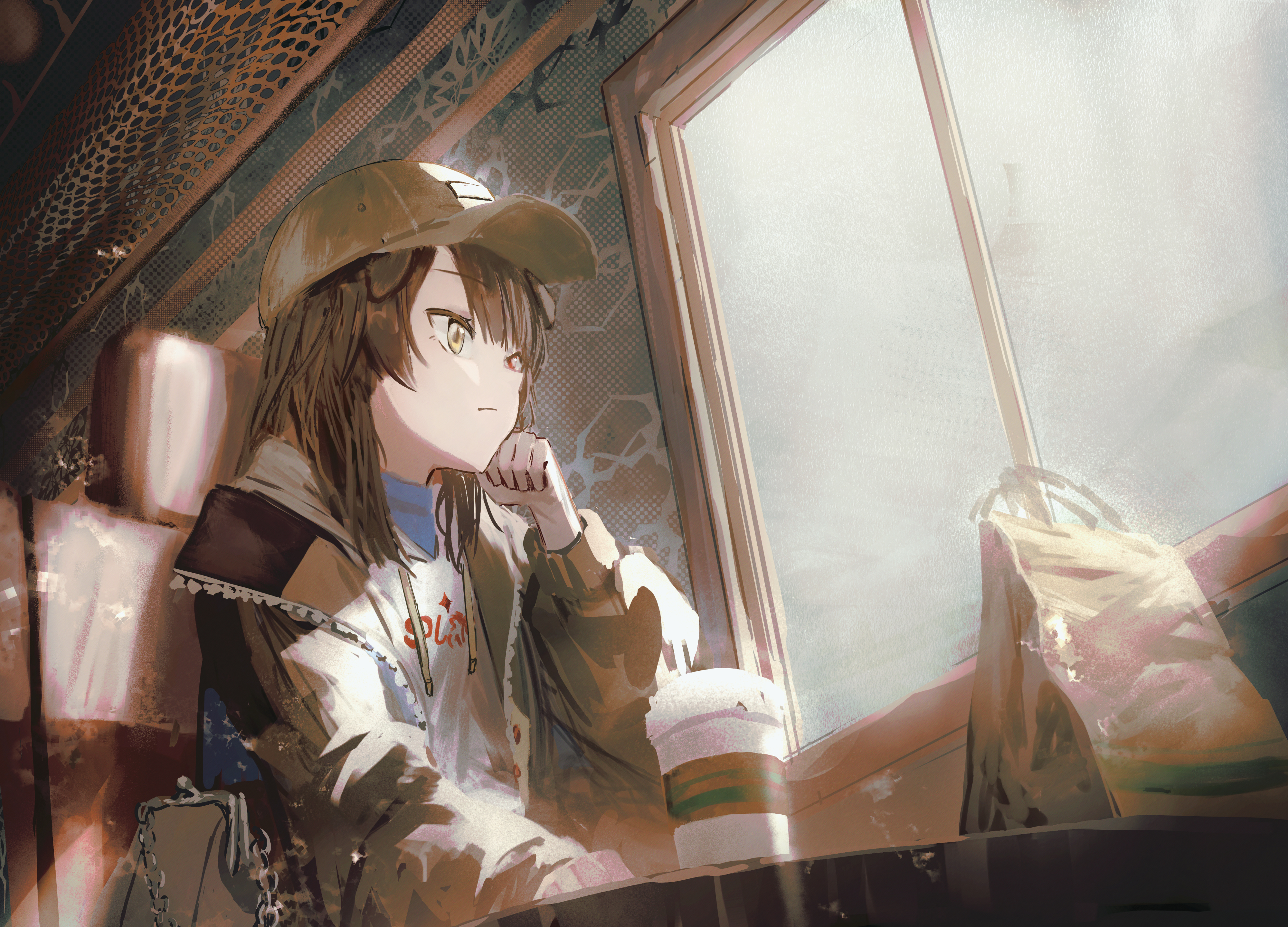 cokei, inui toko, nijisanji, absurdres, commentary, highres, 1girl, alternate costume, animal ears, bag, baseball cap, black hat, brown hair, chair, closed mouth, cup, disposable cup, dog ears, dog girl, drawstring, green jacket, handbag, hat, head rest, heterochromia, hood, hoodie, jacket, long hair, long sleeves, looking outside, on chair, open clothes, open jacket, red eyes, sitting, solo, train interior, unzipped, virtual youtuber, white hoodie, window, yellow eyes, zipper