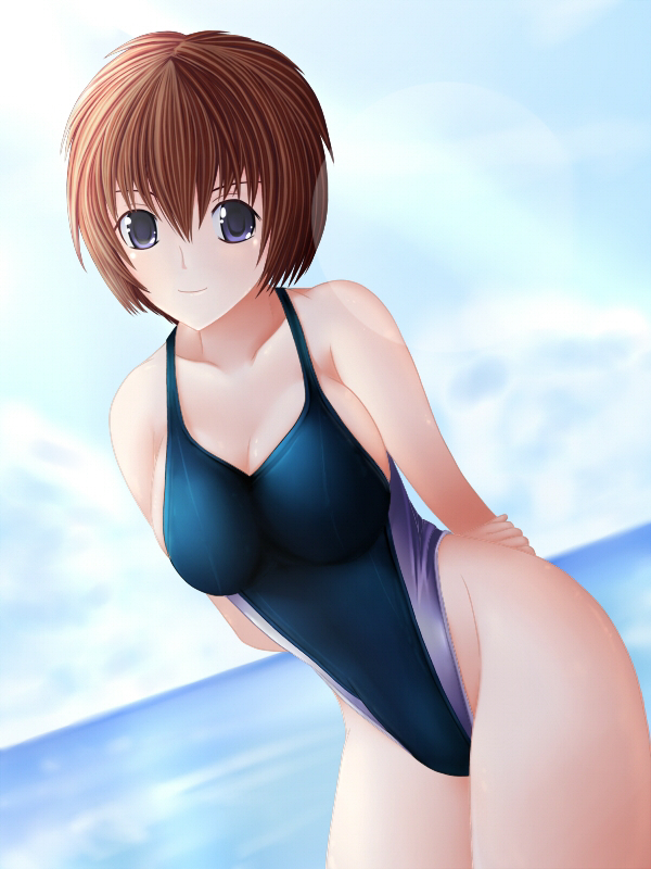 nannacy7, blue eyes, breasts, brown hair, competition swimsuit, dutch angle, large breasts, one-piece swimsuit, short hair, solo, swimsuit