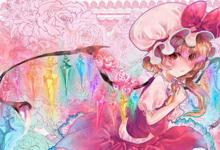 hoshika ranoe, flandre scarlet, touhou, 1girl, blonde hair, blouse, female focus, flower, from side, hat, mob cap, pink background, pink theme, plant, ponytail, red eyes, shirt, short hair, side ponytail, solo, white hat, white shirt, wings