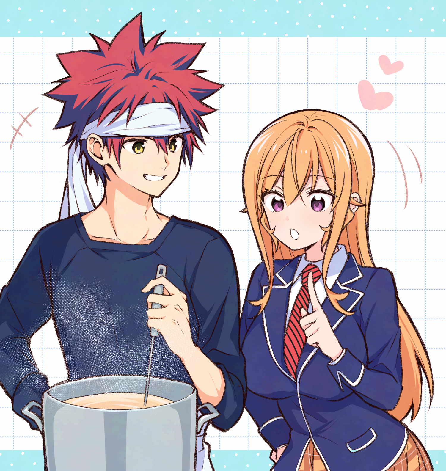 toy-black, nakiri erina, yukihira souma, shokugeki no souma, commentary request, highres, +++, 1boy, 1girl, black shirt, blonde hair, blue jacket, breasts, cooking, cooking pot, diagonal-striped clothes, diagonal-striped necktie, grid background, grin, hair between eyes, heart, holding, holding ladle, index finger raised, jacket, ladle, large breasts, long hair, looking at another, necktie, open mouth, plaid clothes, plaid skirt, purple eyes, red hair, red necktie, shirt, short hair, skirt, sleeves rolled up, smile, spiked hair, steam, striped clothes, tootsuki saryou ryouri gakuen uniform, upper body, white shirt, yellow eyes, yellow skirt