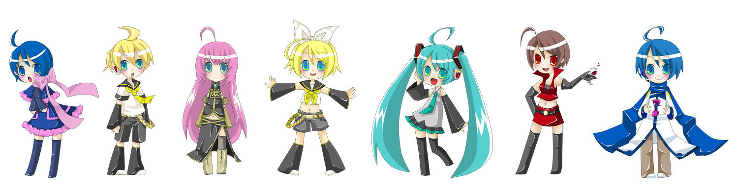 dokumitsu akaringo, hatsune miku, kagamine len, kagamine rin, kaiko (vocaloid), kaito (vocaloid), megurine luka, meiko (vocaloid), vocaloid, bad id, bad pixiv id, gender request, long image, wide image, 2boys, 5girls, ahoge, alcohol, aqua eyes, blonde hair, blue hair, blush, chibi, genderswap, headphones, long hair, multiple boys, multiple girls, pink hair, short hair, thighhighs, twintails, wine