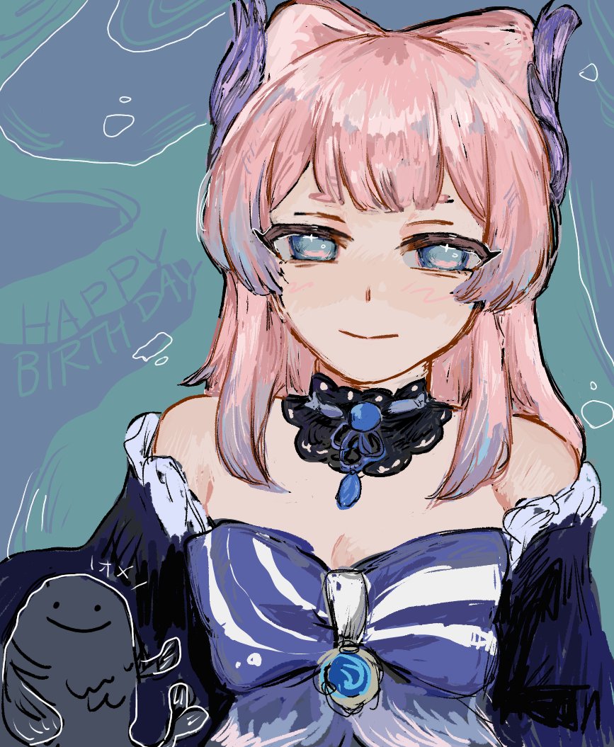 sangonomiya kokomi, genshin impact, blue gem, commentary request, 1girl, bare shoulders, black choker, blue background, blue bow, blue dress, blue eyes, blue hair, blue sleeves, blunt bangs, bow, bubble, chest bow, choker, closed mouth, detached sleeves, dress, english text, gem, gradient hair, green background, hair ornament, happy birthday, jewelry, lace, lace choker, long hair, long sleeves, looking at viewer, multicolored hair, pendant, pink hair, sidelocks, sleeveless, sleeveless dress, smile, solo, sparkling eyes, strapless, strapless dress, striped bow, two-tone background, two-tone hair, upper body, vision (genshin impact), wide sleeves, yorugata 0210