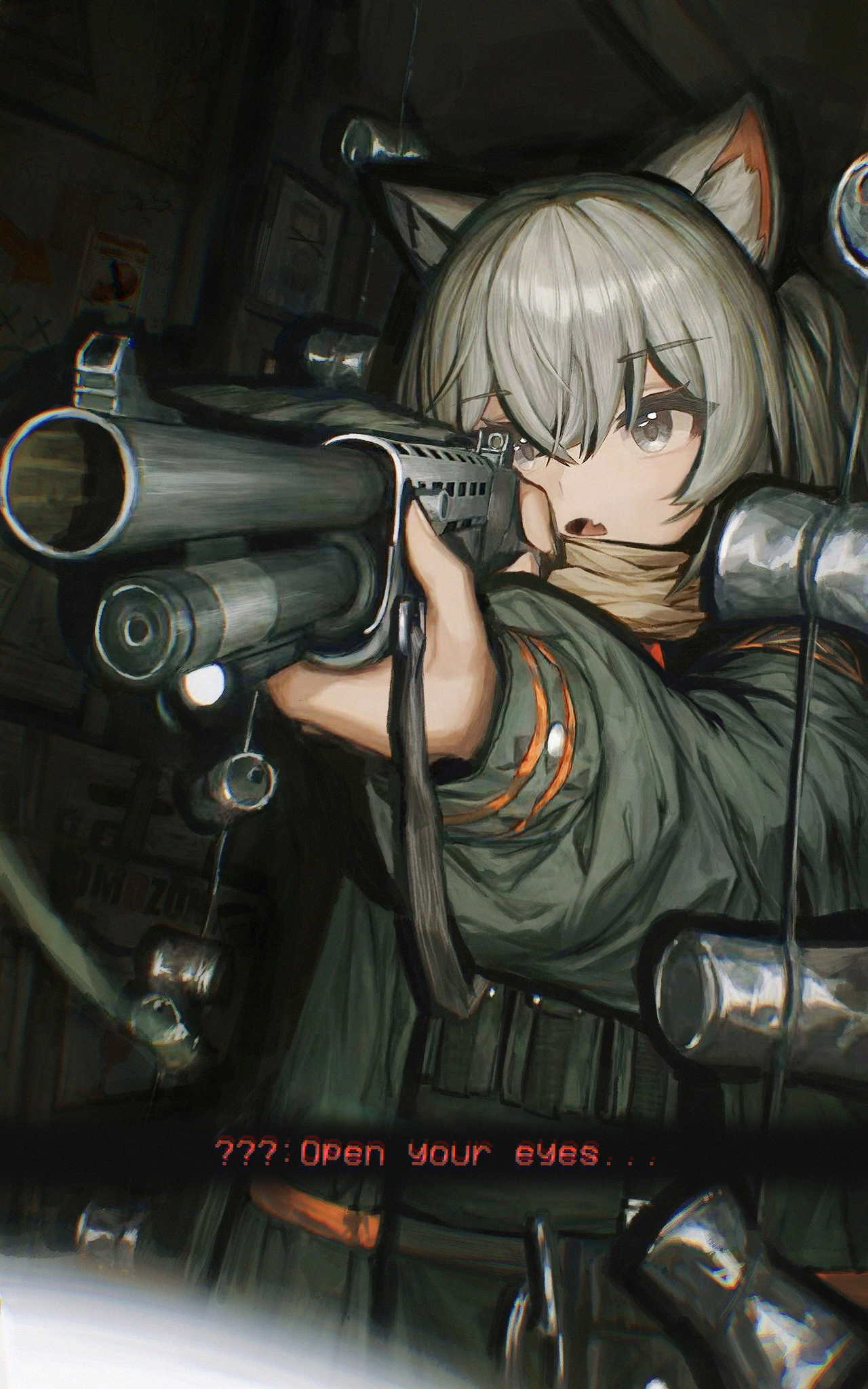 original, chinese commentary, commentary request, highres, weapon request, 1girl, aiming, aiming at viewer, animal ear fluff, animal ears, black coat, black shirt, camera flash, cat ears, cat girl, chromatic aberration, coat, double-parted bangs, drawer bushi huajia, english text, fang, foreshortening, grey eyes, grey hair, gun, hair between eyes, hands up, holding, holding gun, holding weapon, long bangs, open clothes, open coat, open mouth, pov, rifle, shirt, skin fang, solo, upper body, weapon