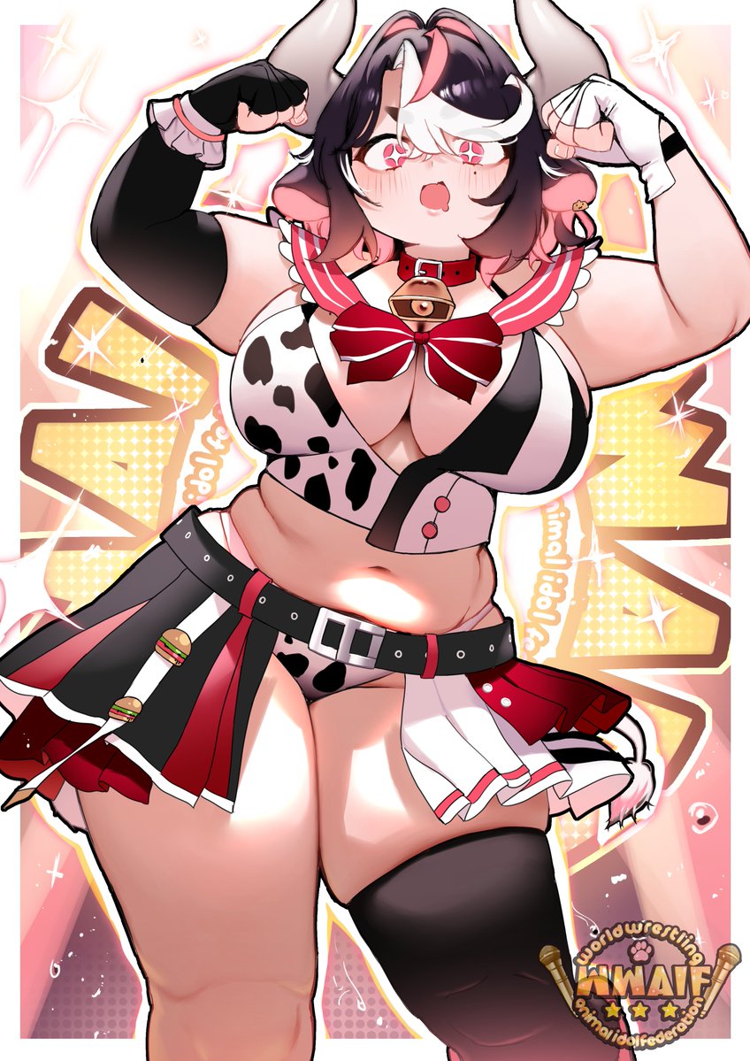 zasshu, indie virtual youtuber, commentary, commission, english commentary, second-party source, variant set, 1girl, animal ears, animal print, bell, belt, blush, border, breasts, cleavage, clenched hands, collar, cow print, elbow gloves, gloves, hani hanwoo, huge breasts, looking at viewer, medium hair, mole, mole under eye, multicolored hair, navel, neck bell, open mouth, outline, pleated skirt, plump, red collar, single elbow glove, single thighhigh, skindentation, skirt, solo, tareme, thick arms, thick thighs, thighhighs, thighs, virtual youtuber, white border, white outline, white tail