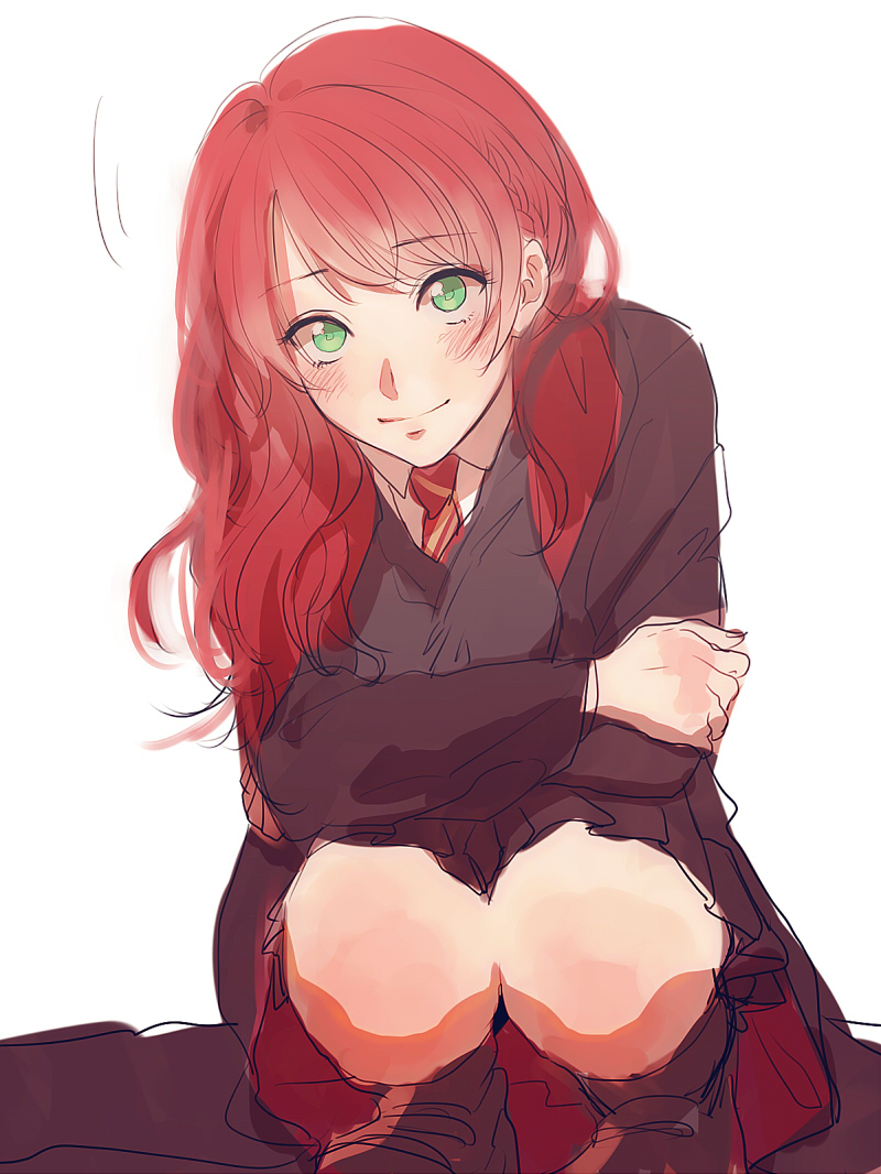 kirikawa juu, lily evans, harry potter (series), wizarding world, 1girl, bare legs, blush, braid, closed mouth, collar, crossed arms, eyebrows hidden by hair, eyelashes, female focus, green eyes, gryffindor, hogwarts school uniform, kneeling, legs, long hair, looking at viewer, necktie, red hair, school uniform, shirt, shoes, simple background, skirt, solo, striped necktie, white background, white shirt, wing collar