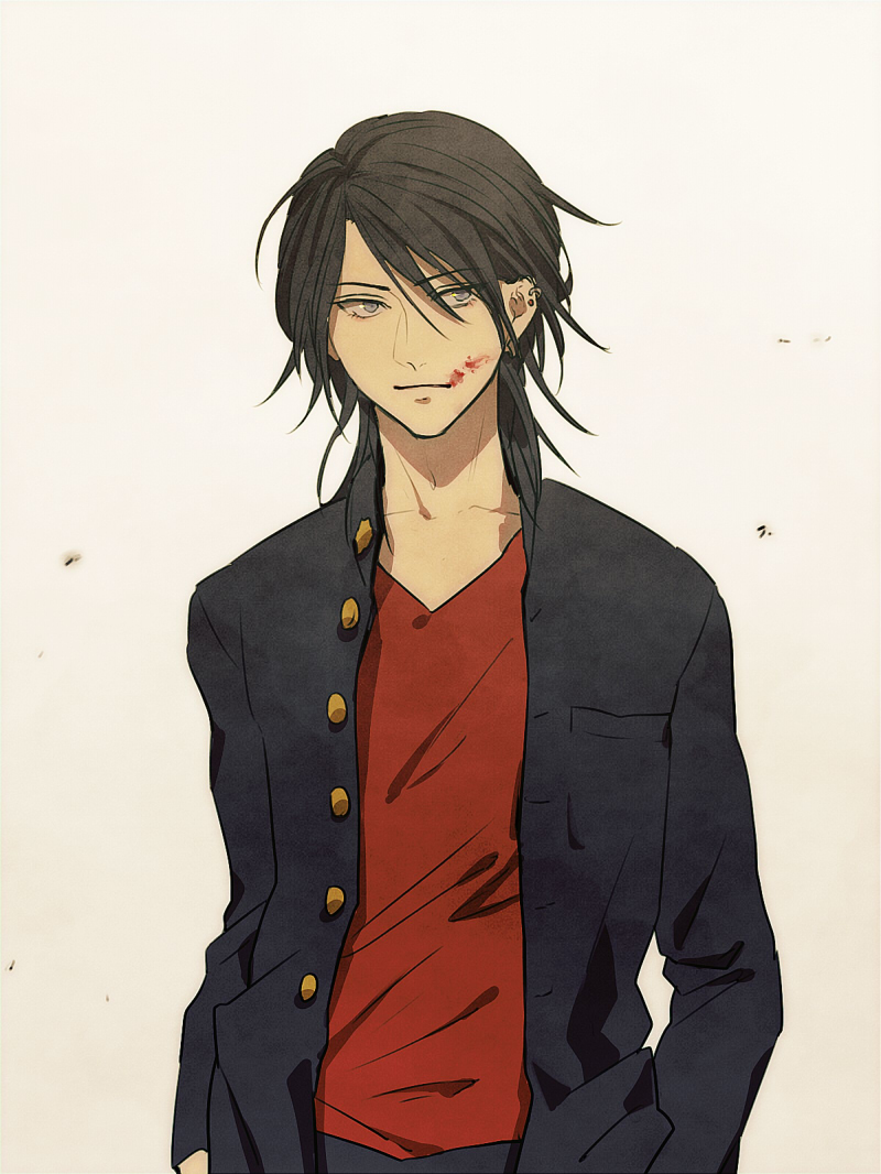 kirikawa juu, sirius black, harry potter (series), wizarding world, 1boy, black hair, blood, blood on face, closed mouth, collarbone, earrings, eyebrows hidden by hair, eyes visible through hair, grey eyes, jacket, jewelry, male focus, multiple earrings, red shirt, shirt, simple background, solo
