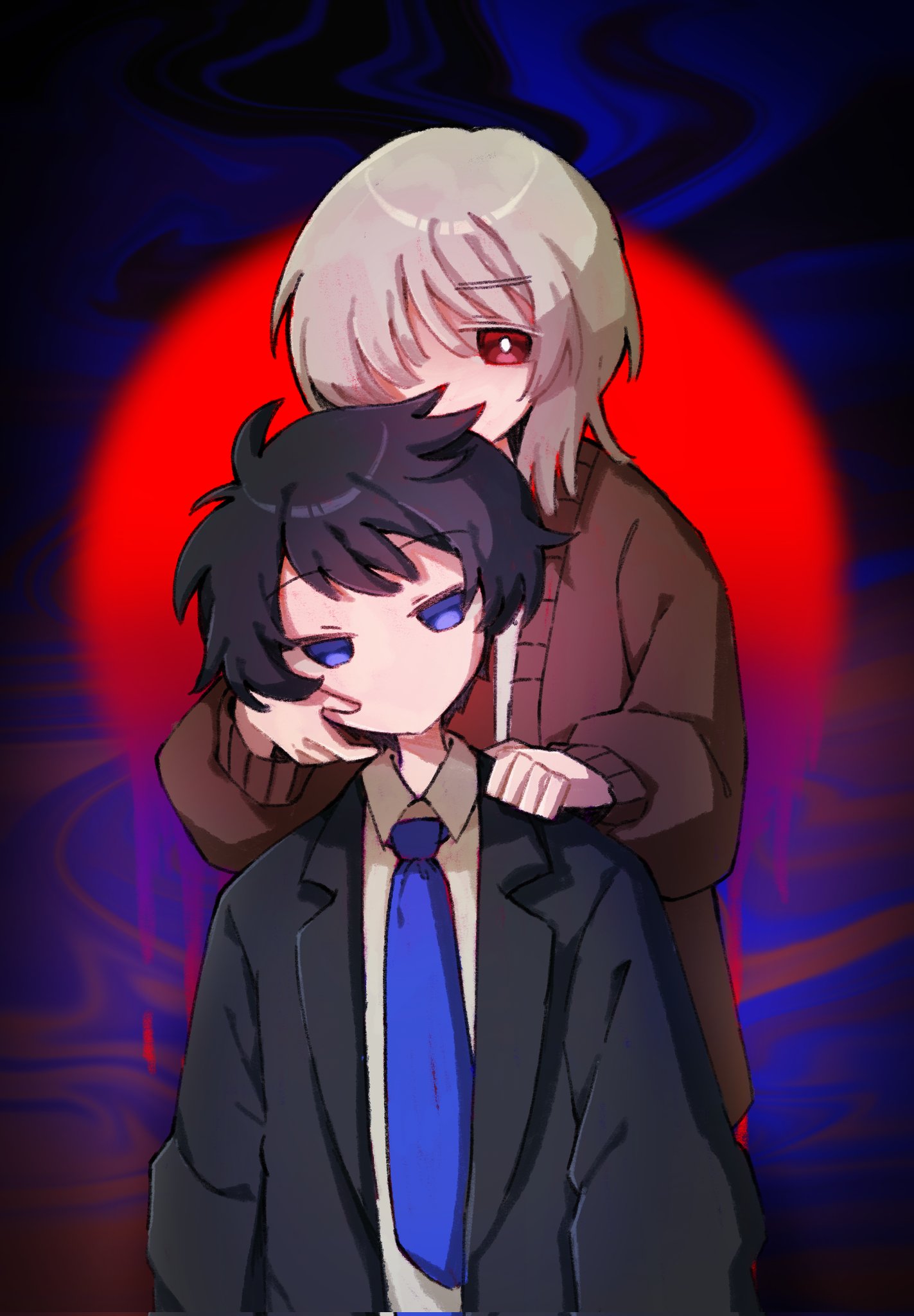 akinashi haru, tatsunami shion, saihate eki, hashtag-only commentary, highres, 2boys, abstract background, black hair, black jacket, blue eyes, blue necktie, brown cardigan, cardigan, collared shirt, dress shirt, formal clothes, hand on another's cheek, hand on another's face, jacket, male focus, miyabi 941219, multiple boys, necktie, no mouth, no nose, red eyes, red necktie, shirt, short hair, upper body, white hair, white shirt