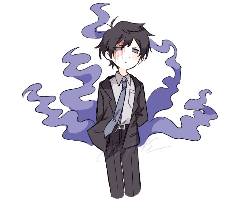 akinashi haru, saihate eki, hashtag-only commentary, 1boy, antenna hair, arms behind back, belt, black belt, black hair, black pants, black suit, blood, blood from forehead, blue eyes, blue necktie, blush, breast pocket, collared shirt, cowboy shot, cropped legs, dress shirt, formal clothes, necktie, no sclera, pants, pocket, shirt, short hair, smile, smoke, solo, squ15, suit, white shirt