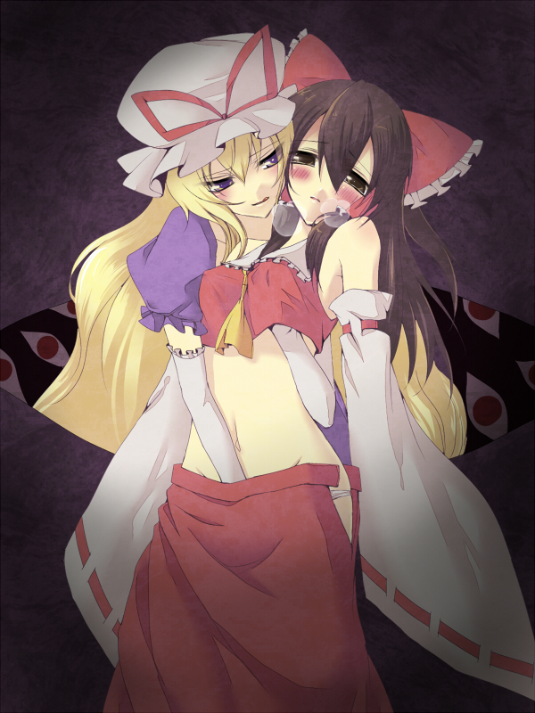 oota minoru, hakurei reimu, yakumo yukari, touhou, bad id, bad pixiv id, 2girls, blush, bow, breasts, breath, covered erect nipples, crop top, detached sleeves, female focus, fingering, gap (touhou), grabbing another's breast, groping, hair bow, hand in pants, hand under clothes, hand under shirt, hat, hip focus, japanese clothes, licking lips, long hair, midriff, miko, multiple girls, navel, neckerchief, open clothes, open skirt, panties, portal (object), reach-around, shirt, skirt, sleeveless, small breasts, standing, tongue, tongue out, underwear, very long hair, white panties, yuri