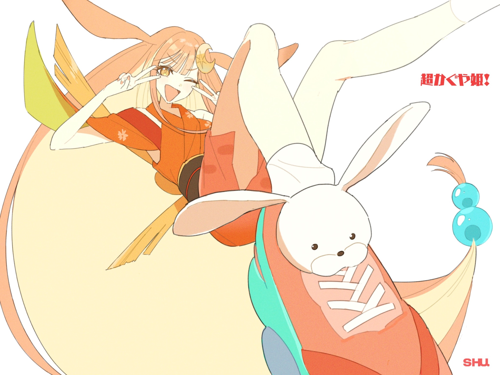 kaguya (chou kaguya-hime!), chou kaguya-hime!, commentary request, highres, 1girl, ;d, absurdly long hair, animal ears, artist name, blonde hair, copyright name, crescent, crescent hair ornament, double v, floppy ears, foot out of frame, full body, hair bobbles, hair ornament, japanese clothes, kimono, long hair, looking at viewer, low-tied long hair, obi, one eye closed, open mouth, orange kimono, orange shoes, rabbit ears, sash, shoes, shu (eeekusuhsss), simple background, smile, sneakers, socks, solo, v, v over eye, very long hair, white background, white socks