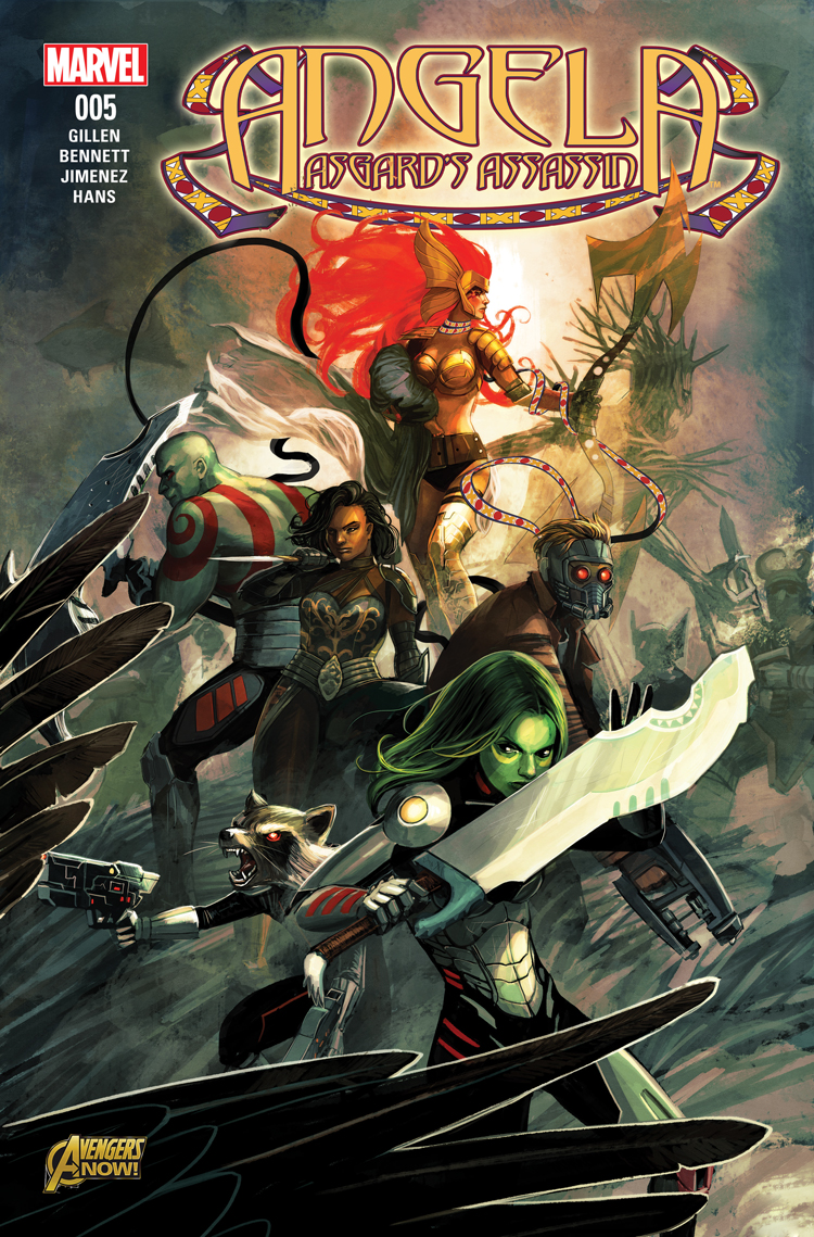 angela (marvel), drax the destroyer, gamora, groot, peter quill, rocket raccoon, star-lord, guardians of the galaxy, marvel, thor (marvel) (series), comic cover, official art, 4boys, 4girls, alien, arm tattoo, armor, armored boots, artist name, baby, bald, belt, bikini armor, black bodysuit, black hair, black panties, bodysuit, boots, brown belt, brown hair, character name, colored skin, company name, copyright logo, copyright name, cover, cover page, dagger, dark-skinned female, dark skin, english text, facepaint, fake horns, feathered wings, floating hair, gloves, gold boots, gold bra, green hair, green skin, grey skin, gun, hammer, helmet, holding, holding dagger, holding gun, holding hammer, holding knife, holding sword, holding weapon, horned helmet, horns, imminent fight, jacket, knife, laussa, logo, long hair, mask, metal bra, multiple boys, multiple girls, open mouth, orange hair, panties, raccoon boy, red eyes, red jacket, sera (marvel), siblings, sisters, stephanie hans, swaddled, sword, tattoo, topless male, underwear, weapon, western comics (style), white armor, wife and wife, winged headwear, wings