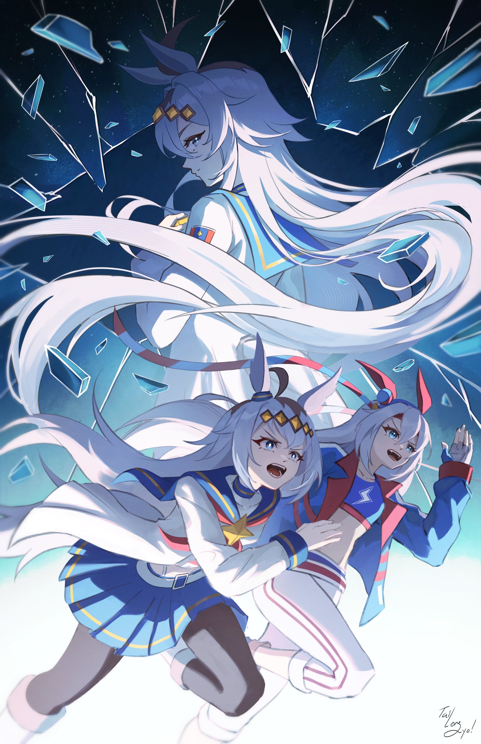 tailong yo, oguri cap (starlight beat) (umamusume), oguri cap (umamusume), tamamo cross (fast as lightning) (umamusume), tamamo cross (umamusume), umamusume, umamusume: cinderella gray, commentary, highres, 2girls, ahoge, animal ears, belt, black pantyhose, blue eyes, blue hairband, blue jacket, blue sailor collar, blue skirt, blue sports bra, boots, broken glass, brooch, ear covers, ear ornament, fingerless gloves, glass, gloves, grey hair, grey tail, hair between eyes, hair ornament, hairband, headband, horse ears, horse girl, horse tail, jacket, jewelry, lightning bolt print, lightning bolt symbol, long hair, long sleeves, midriff, multicolored hair, multicolored hairband, multiple girls, navel, neckerchief, open mouth, pants, panty straps, pantyhose, pleated skirt, red belt, red headband, red neckerchief, running, sailor collar, shirt, skirt, smile, sports bra, star brooch, striped clothes, striped hairband, tail, teeth, two-tone hairband, very long hair, white boots, white gloves, white jacket, white pants, white shirt