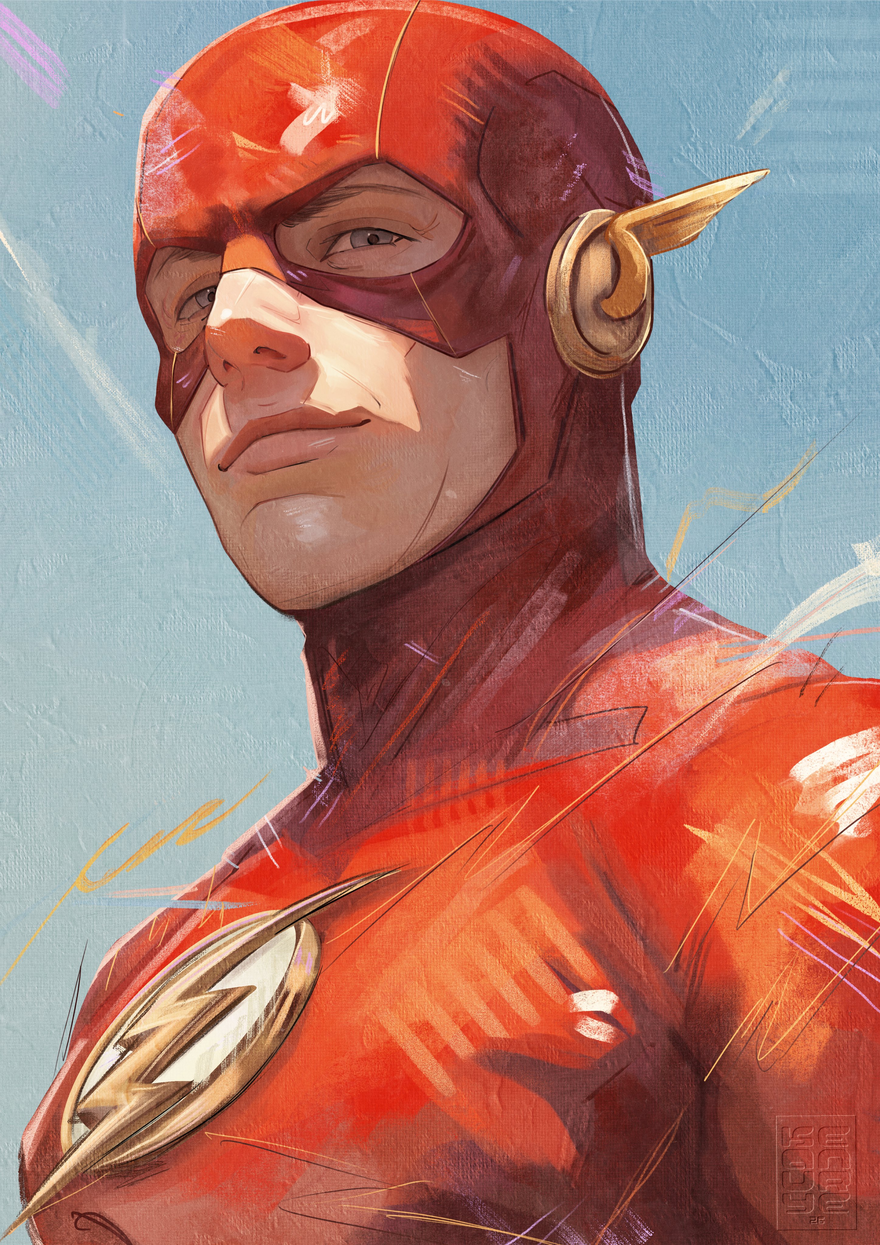 the flash, dc comics, the flash (series), absurdres, commentary, english commentary, highres, 1boy, blue eyes, bodysuit, keanurye, male focus, mask, mask on head, red bodysuit, solo, superhero costume, upper body