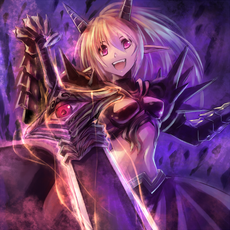 edobox, altea, pixiv fantasia, pixiv fantasia 4, 1girl, armor, blonde hair, demon girl, female focus, gauntlets, horns, long hair, midriff, pointy ears, red eyes, solo, sword, weapon