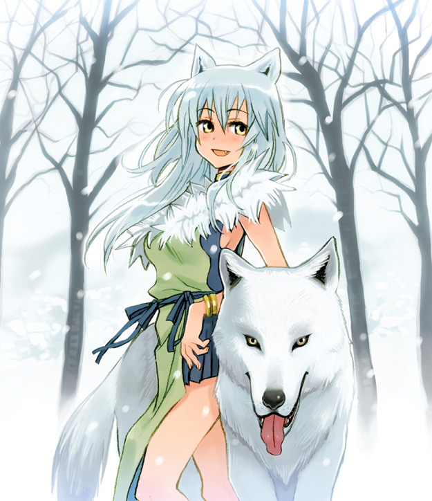 ryoji (nomura ryouji), shiro (shuukaku no 12gatsu), shirou (shuukaku no 12gatsu), original, shuukaku no 12gatsu, silver hair, 1girl, animal, animal ears, fang, long hair, outdoors, snow, snowing, white theme, wolf, wolf ears, yellow eyes