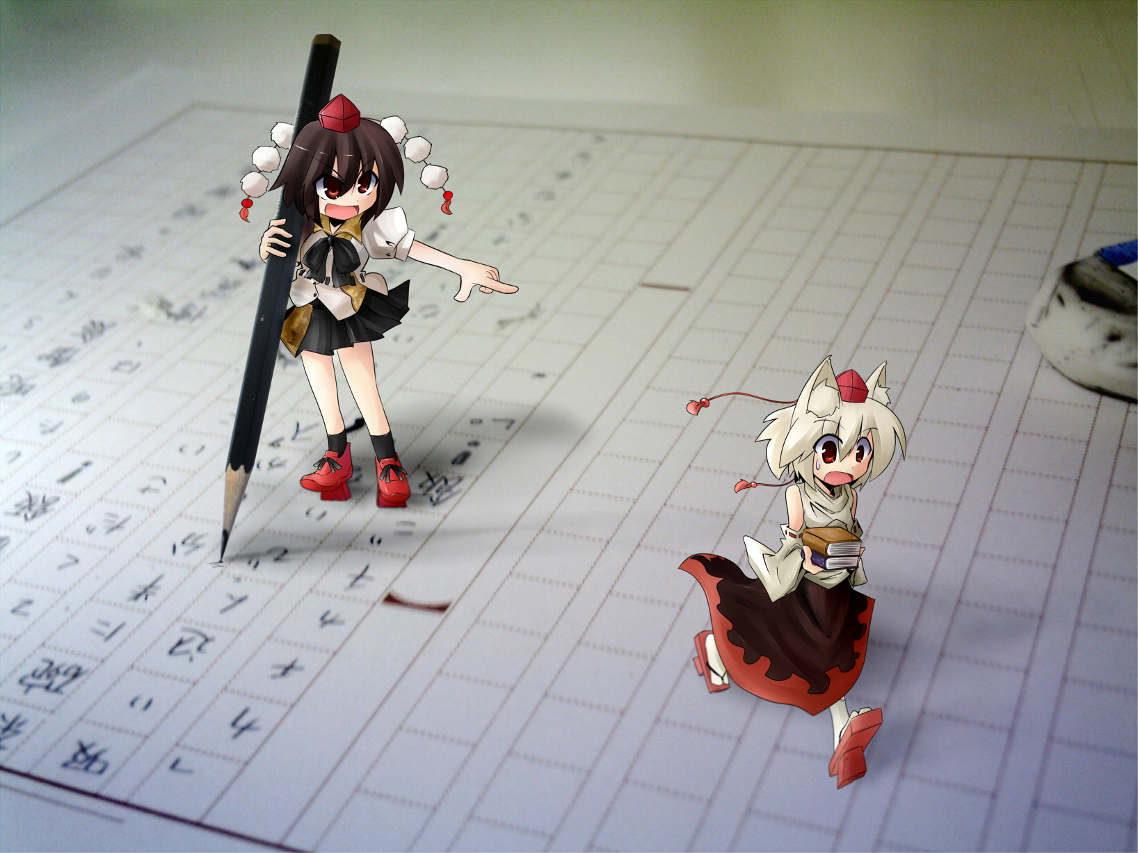 ryu (multitask), ryuu (multitask), inubashiri momiji, shameimaru aya, touhou, highres, 2girls, chibi, female focus, geta, hat, mini person, minigirl, multiple girls, pencil, tengu-geta, tokin hat