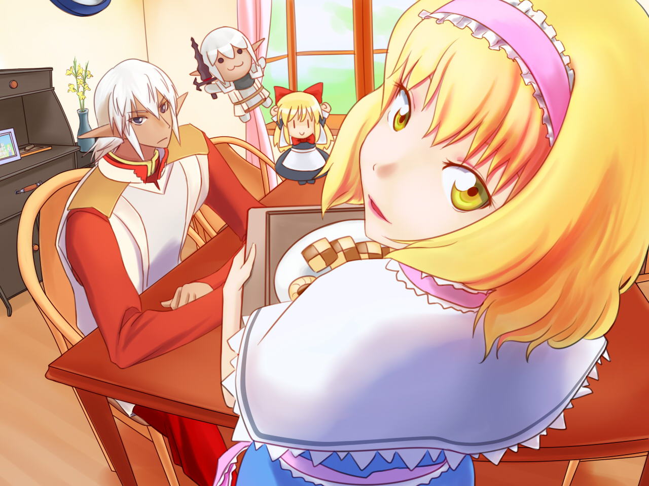 nanatsu (chatge), alice margatroid, buront, elvaan, shanghai doll, final fantasy, final fantasy xi, the iron of yin and yang, touhou, bad perspective, 00s, 1boy, 1girl, :3, bad proportions, character doll, doll, elf, pointy ears