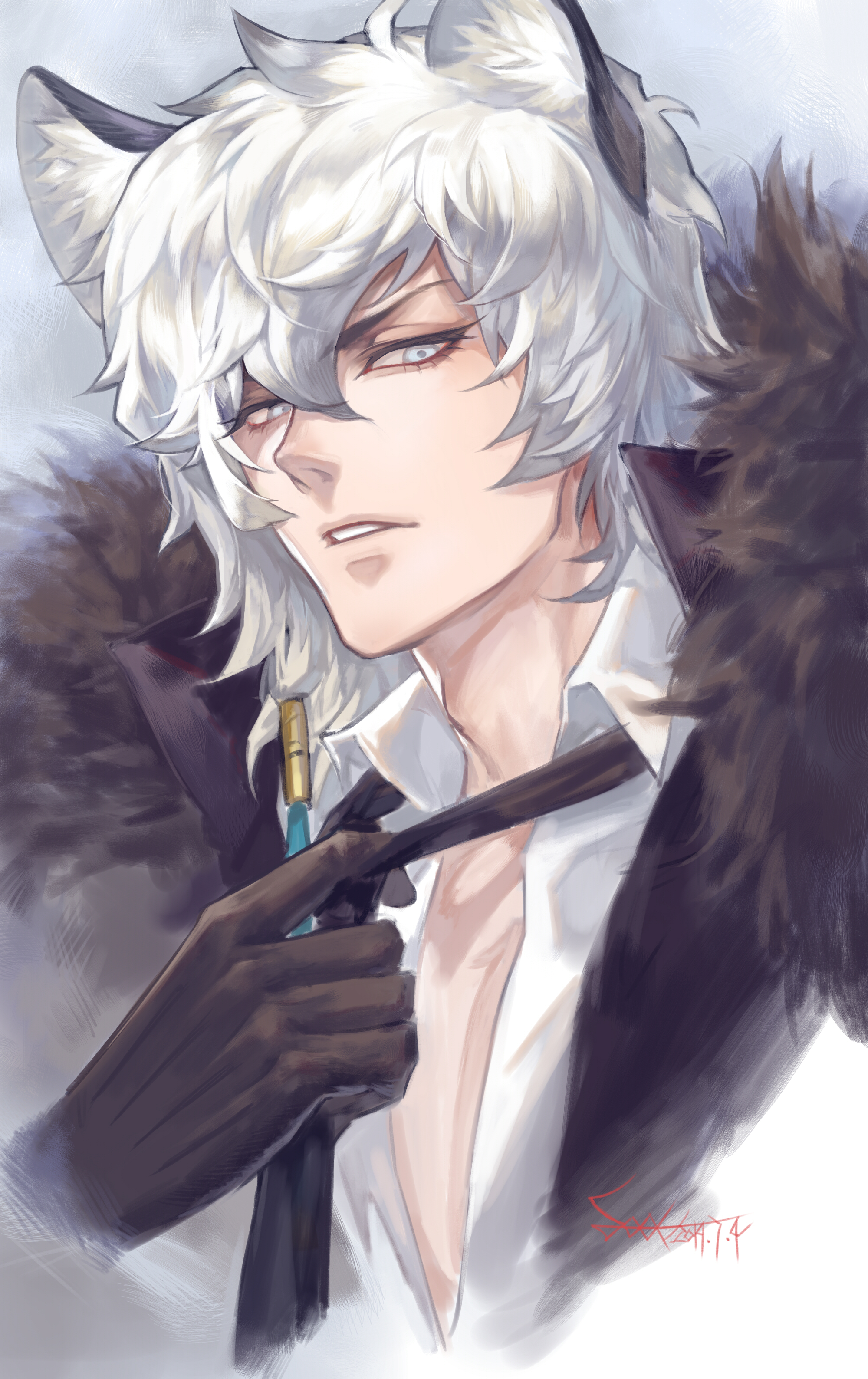spade-m, silverash (arknights), arknights, absurdres, commentary request, highres, 1boy, adjusting clothes, adjusting necktie, animal ear fluff, animal ears, artist name, bishounen, black gloves, black necktie, blue eyes, coat, collared shirt, fur-trimmed coat, fur collar, fur trim, gloves, grey eyes, hair between eyes, jacket, looking at viewer, loose necktie, male focus, necktie, parted lips, shirt, short hair, signature, snow leopard boy, snow leopard ears, solo, upper body, white hair, white shirt