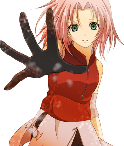 fuwapiyon, haruno sakura, naruto (classic), naruto (series), naruto shippuuden, lowres, 1girl, arm warmers, bare shoulders, bike shorts, black gloves, female focus, foreshortening, gloves, green eyes, looking at viewer, miniskirt, pink hair, pink skirt, reaching, reaching towards viewer, red shirt, shirt, short hair, shorts, shorts under skirt, side slit, simple background, skirt, sleeveless, sleeveless shirt, solo, upper body, white background