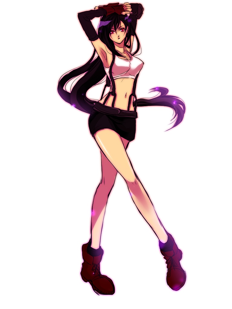 eni (yoyogieni), tifa lockhart, final fantasy, final fantasy vii, square enix, 1990s (style), 1girl, armpits, arms up, black hair, boots, breasts, elbow gloves, female focus, fingerless gloves, full body, gloves, long hair, midriff, miniskirt, red eyes, retro artstyle, simple background, skirt, small breasts, solo, suspenders, tank top, white background