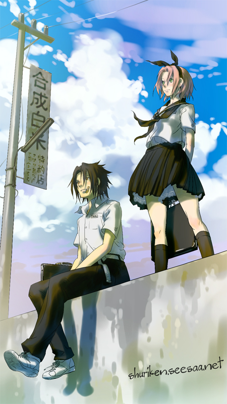@ (shuriken fighter), shuriken (artist), haruno sakura, uchiha sasuke, naruto (classic), naruto (series), looking away, 1boy, 1girl, alternate costume, bag, bandaid, bandaid on face, black hair, black socks, bow, cloud, contemporary, couple, day, from below, green eyes, hair bow, kneehighs, pants, pink hair, pleated skirt, red eyes, school, school uniform, serafuku, short sleeves, sitting, skirt, sky, socks, standing, utility pole, watermark, web address, wind