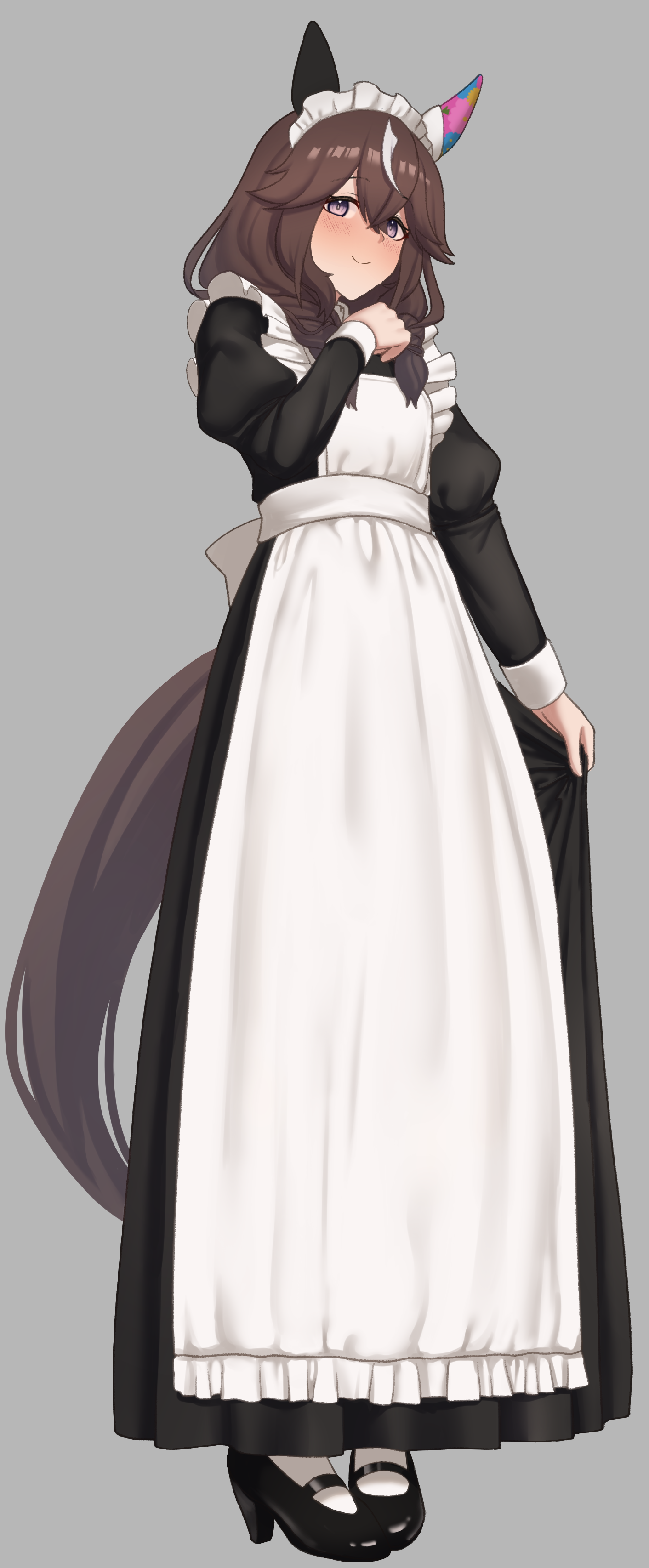bakkasu150, curren bouquetd'or (umamusume), umamusume, absurdres, commentary request, highres, 1girl, animal ears, apron, black dress, blush, braid, braided sidelocks, breasts, brown hair, closed mouth, dress, ear covers, full body, grey background, grey eyes, hair between eyes, hairband, horse ears, horse girl, horse tail, long braid, long hair, looking at viewer, low twin braids, maid, maid apron, maid headdress, mismatched ear covers, pantyhose, shoes, simple background, skirt hold, smile, solo, tail, twin braids, white apron, white headdress, white pantyhose, white streaks