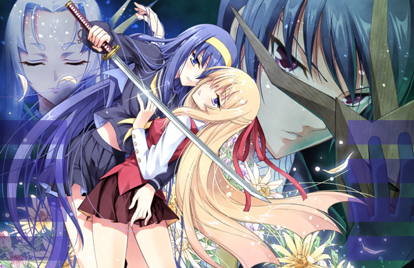 kaishaku, himemiya chikane, hinomiya himeko, kouzuki chikane, kurusu himeko, kurusugawa himeko, oogami souma, oumiwa souma, himegami no miko, kannazuki no miko, zettai shoujo seiiki amnesian, character request, official art, 00s, 3girls, breasts, closed eyes, couple, flower, grabbing another's breast, groping, hair ribbon, hairband, holding, katana, mask, multiple girls, ribbon, school uniform, serafuku, sword, weapon, yuri