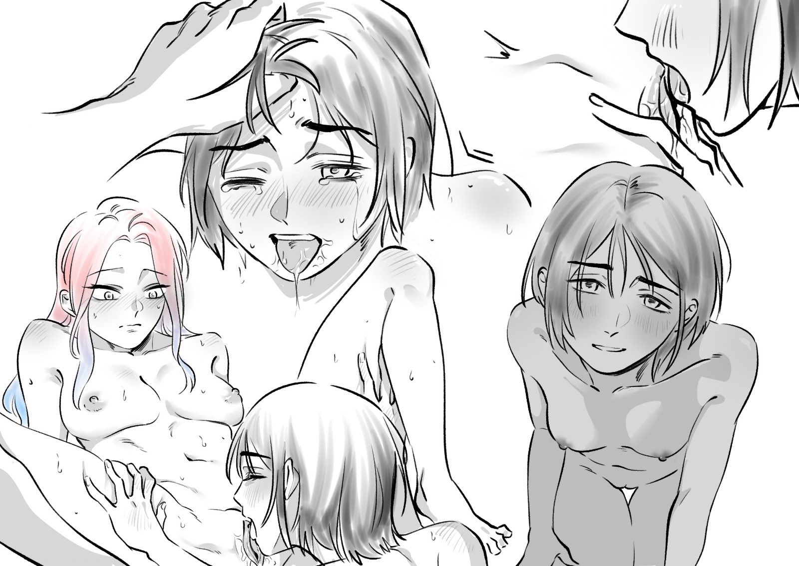 mizi (alien stage), sua (alien stage), alien stage, commentary, english commentary, highres, 2girls, blue hair, breasts, completely nude, cunnilingus, imceileen, long hair, multicolored hair, multiple girls, nipples, nude, one eye closed, oral, partially colored, pink hair, short hair, tongue, two-tone hair, yuri