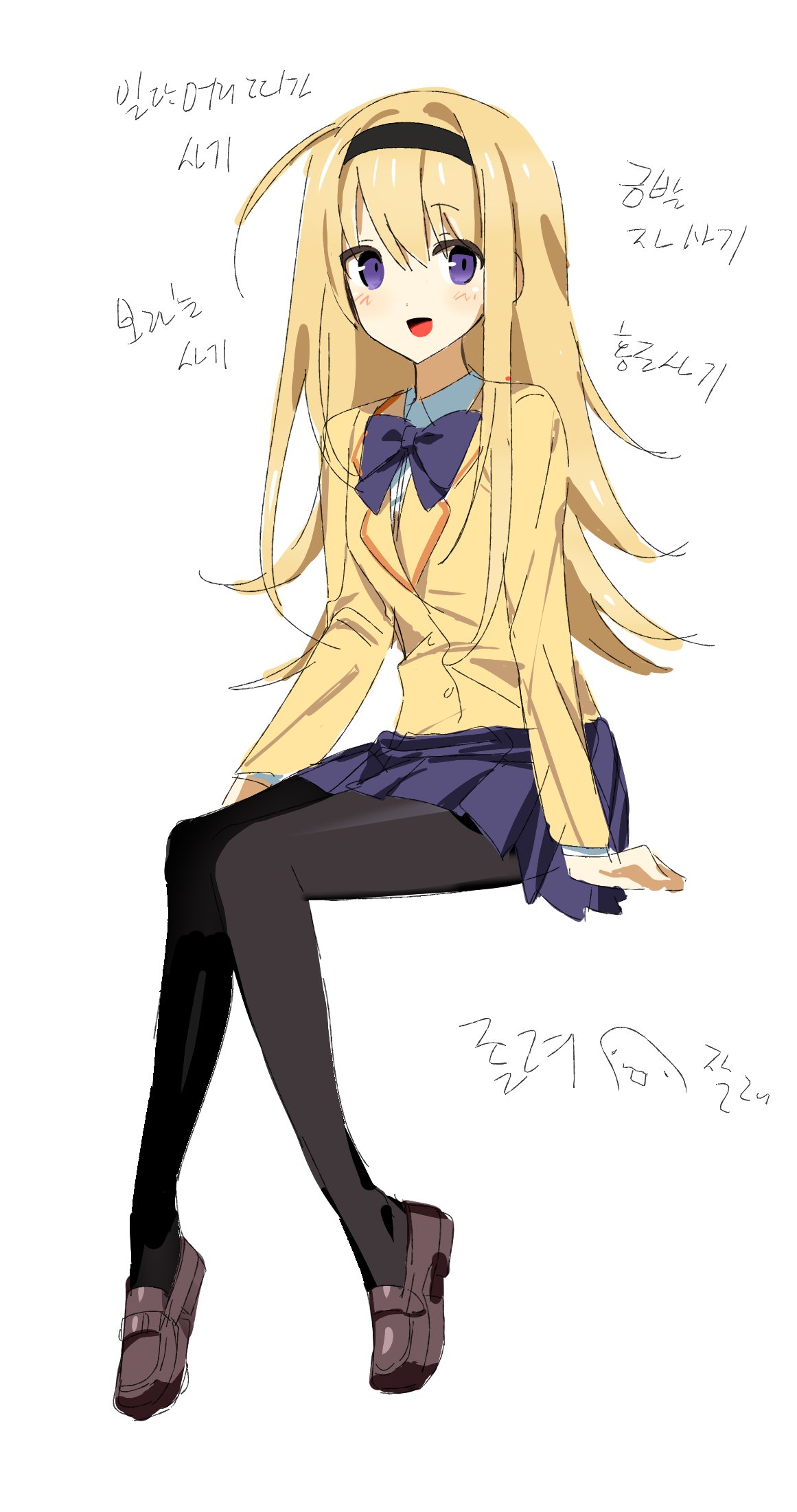 alion 9715, nishijou nanami, chaos;head, science adventure, commentary request, highres, korean commentary, 1girl, ahoge, black hairband, black pantyhose, blonde hair, blush, bow, bowtie, breasts, hairband, loafers, long hair, looking at viewer, open mouth, pantyhose, pleated skirt, purple bow, purple bowtie, purple eyes, purple skirt, school uniform, shoes, sitting, skirt, small breasts, smile, solo, suimei academy school uniform, tongue, very long hair, white background, winter uniform