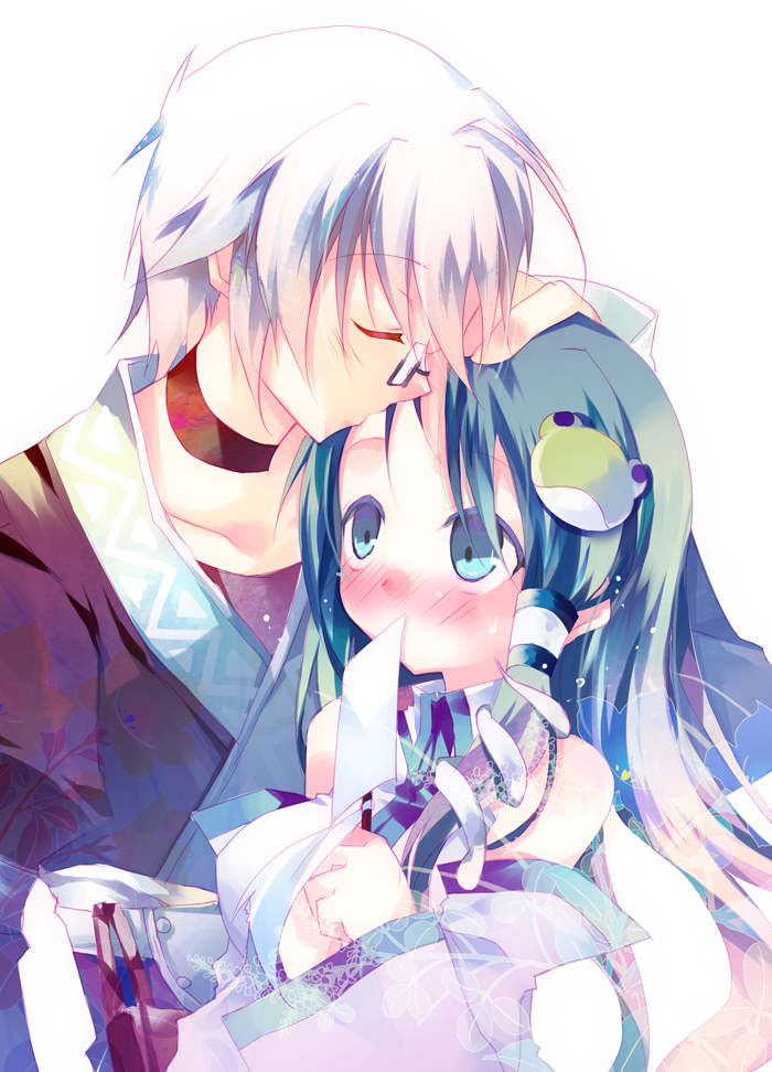 ayuka, kochiya sanae, morichika rinnosuke, touhou, 1boy, 1girl, blush, glasses, gohei, hetero, kiss, kissing forehead, oonusa