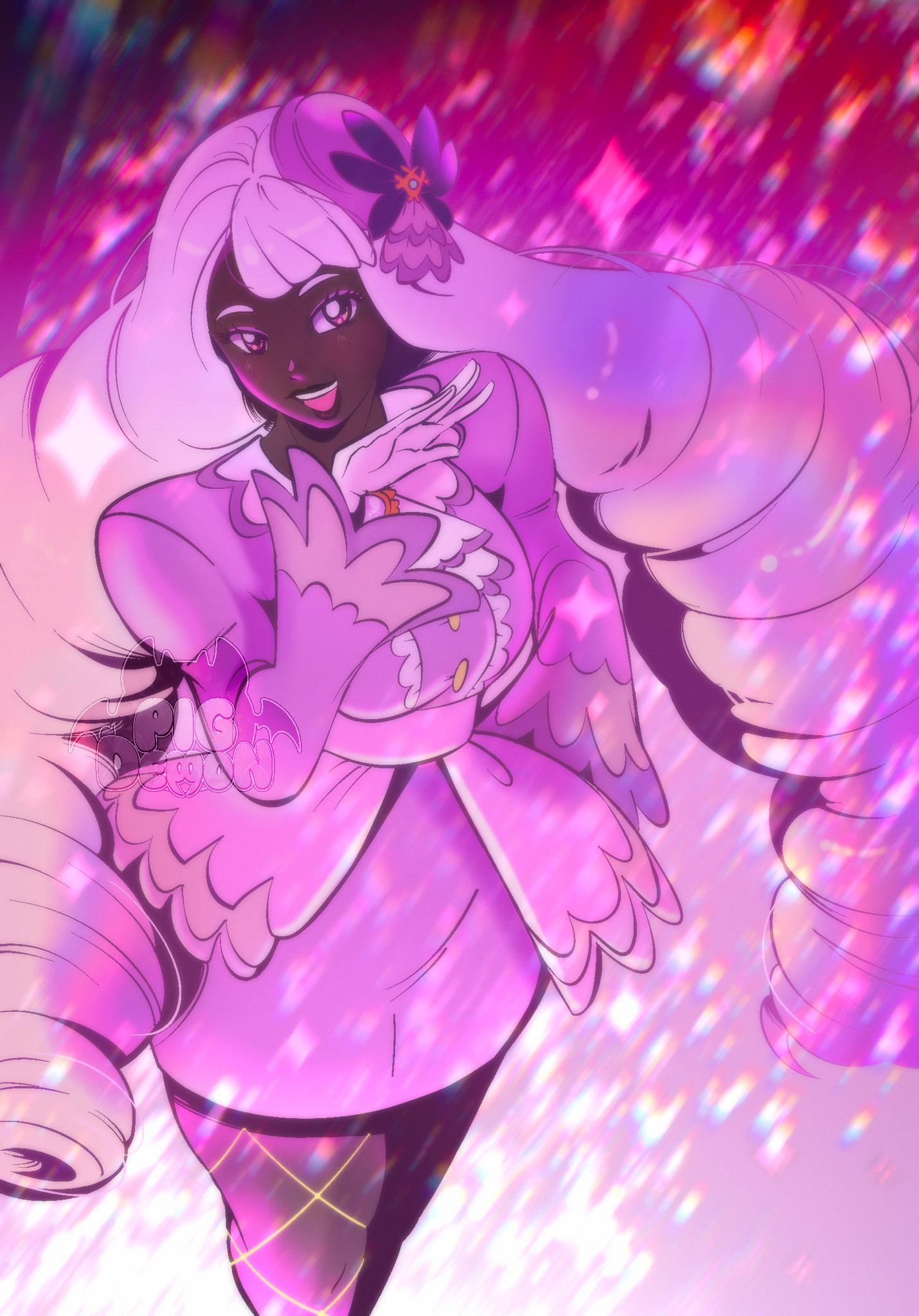 jacinthe (pokemon), nintendo, pokemon, pokemon legends: z-a, commentary, english commentary, highres, dark-skinned female, dark skin, dress, fishnets, glitter, gloves, pigdemonart, pokemon (creature), purple dress, purple eyes, purple hair, purple theme, sparkle background, twintails, white gloves