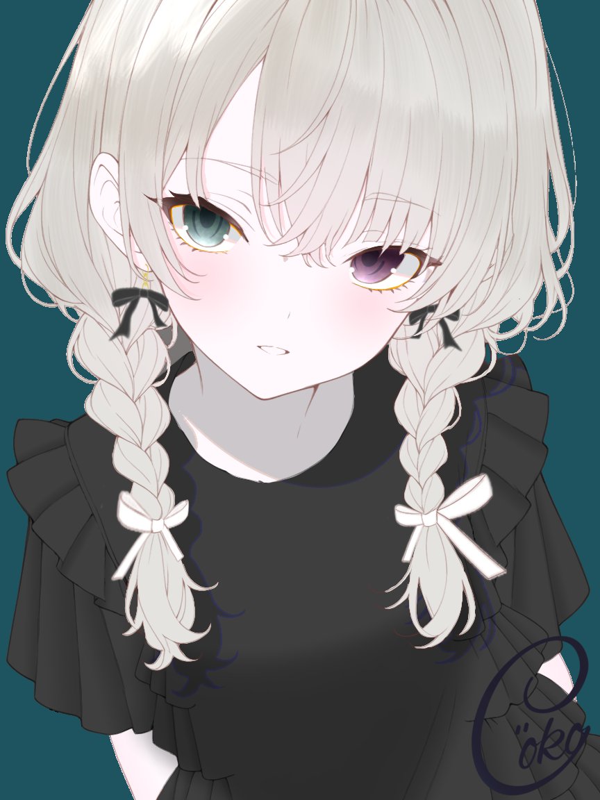 25-ji miku, hatsune miku, project sekai, vocaloid, zozotown, commentary, 1girl, aqua eyes, arms behind back, black bow, black dress, blush, bow, bow earrings, braid, breasts, coko portsrate, dress, earrings, frilled dress, frills, from above, grey hair, hair between eyes, hair bow, heterochromia, jewelry, long hair, looking at viewer, low twin braids, official alternate costume, official alternate hair length, official alternate hairstyle, pale skin, parted lips, pink eyes, short sleeves, sidelocks, signature, simple background, small breasts, solo, twin braids, upper body, white bow