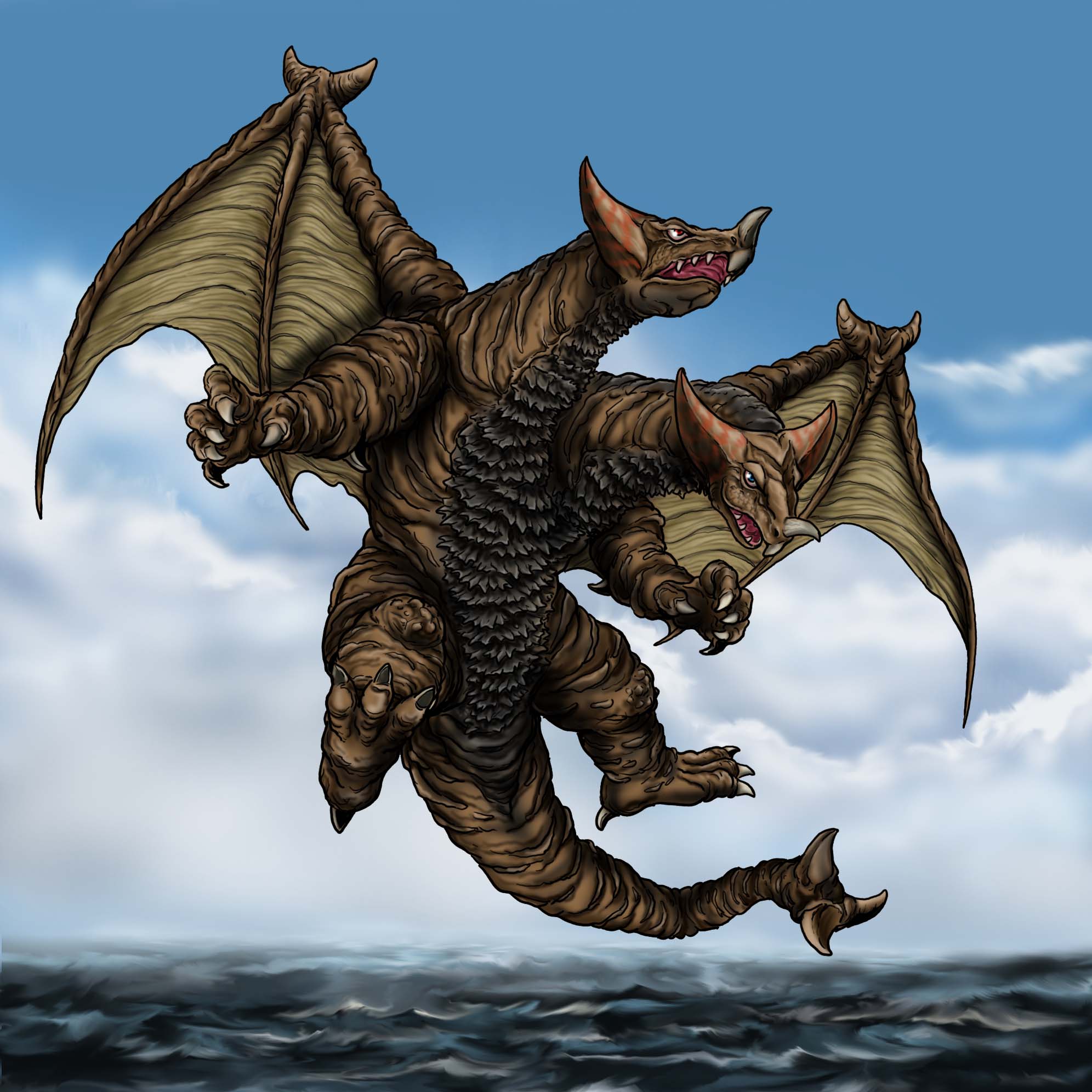 satoru33, gomora, king ghidorah, godzilla (series), ultra series, commentary, highres, 1boy, beak, blue eyes, blue sky, claws, cloud, day, dragon wings, flying, fusion, giant, giant monster, horns, kaiju, multiple heads, no humans, nostrils, ocean, open mouth, outdoors, sharp teeth, sky, spiked tail, tail, teeth, toe claws, water, wings