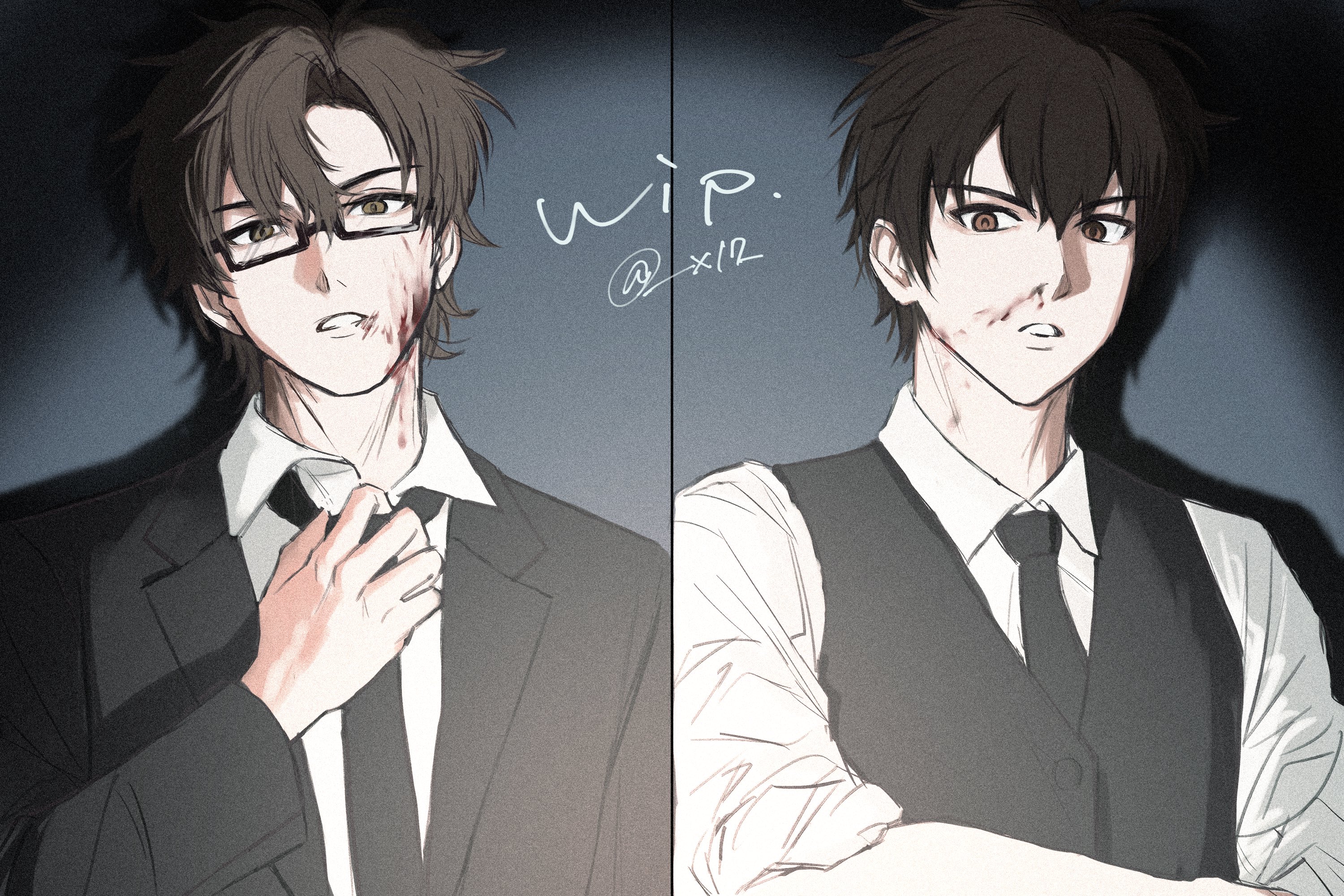 miyuki kazuya, sawamura eijun, ace of diamond, commentary request, highres, 2boys, adjusting clothes, adjusting necktie, black jacket, black necktie, blood, blood on face, brown eyes, brown hair, closed mouth, collared shirt, jacket, looking at another, male focus, multiple boys, necktie, nosebleed, rectangular eyewear, semi-rimless eyewear, shirt, short hair, suit jacket, teeth, twitter username, under-rim eyewear, upper body, vest, waistcoat, white shirt, x17