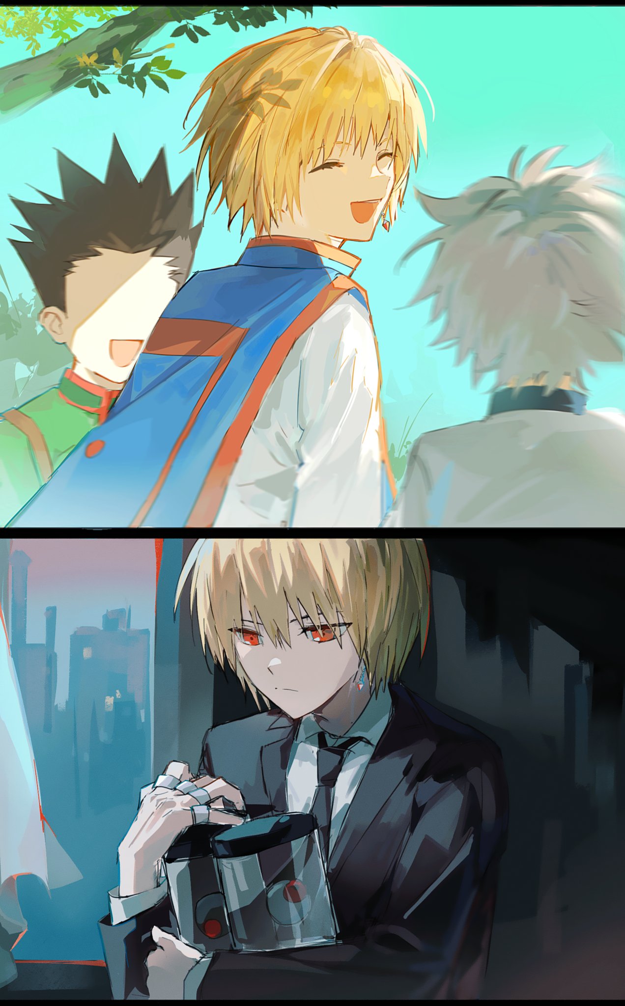 sevenlistening, gon freecss, killua zoldyck, kurapika, hunter x hunter, commentary, highres, symbol-only commentary, 3boys, black hair, black jacket, black necktie, blonde hair, blue tabard, closed eyes, collared shirt, faceless, faceless male, hand chains, happy, jacket, male focus, multiple boys, necktie, open mouth, red eyes, shirt, short hair, suit jacket, tabard, upper body, white hair, white shirt