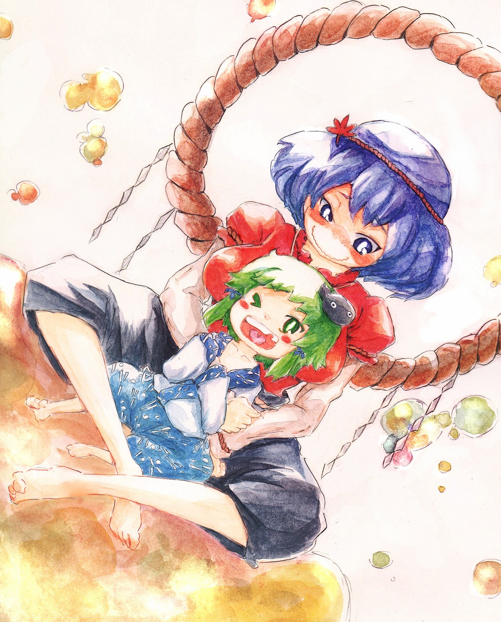 yashijin, kochiya sanae, yasaka kanako, touhou, bad id, bad pixiv id, highres, painting (medium), traditional media, watercolor (medium), 2girls, aged down, barefoot, blush, feet, female focus, hair ornament, happy, leaf, leaf hair ornament, multiple girls, rope, shimenawa, sitting, sitting on lap, sitting on person, smile