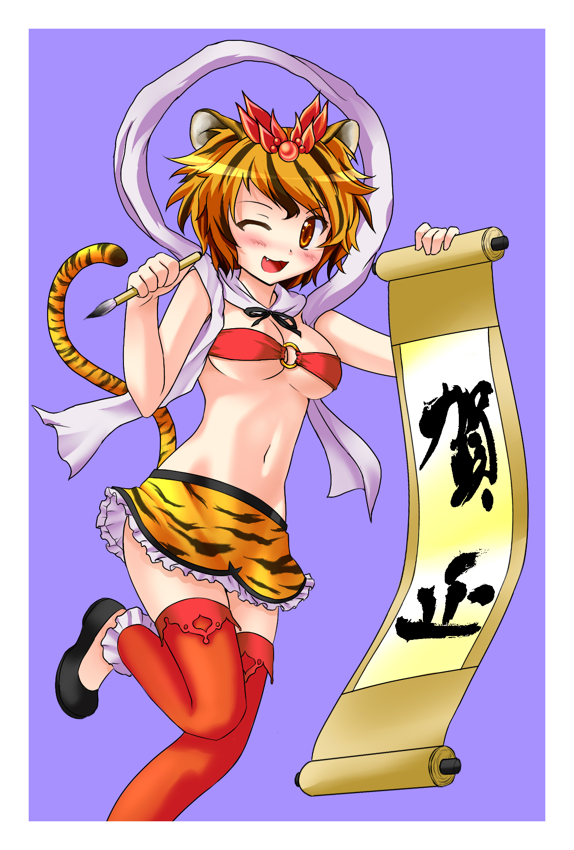 puyocha, toramaru shou, touhou, black footwear, bad id, bad pixiv id, highres, photoshop (medium), 1girl, :d, animal ears, animal print, bandeau, blonde hair, blue background, blush, border, breasts, calligraphy, calligraphy brush, chinese zodiac, facing viewer, fang, feet out of frame, female focus, frill trim, hip focus, kakizome, kemonomimi mode, looking at viewer, medium breasts, midriff, miniskirt, navel, o-ring, o-ring top, one eye closed, open mouth, paintbrush, red thighhighs, scroll, short hair, simple background, skirt, smile, solo, standing, standing on one leg, tail, thighhighs, tiger ears, tiger print, tiger tail, underboob, white border, wink, year of the tiger, yellow eyes, zettai ryouiki