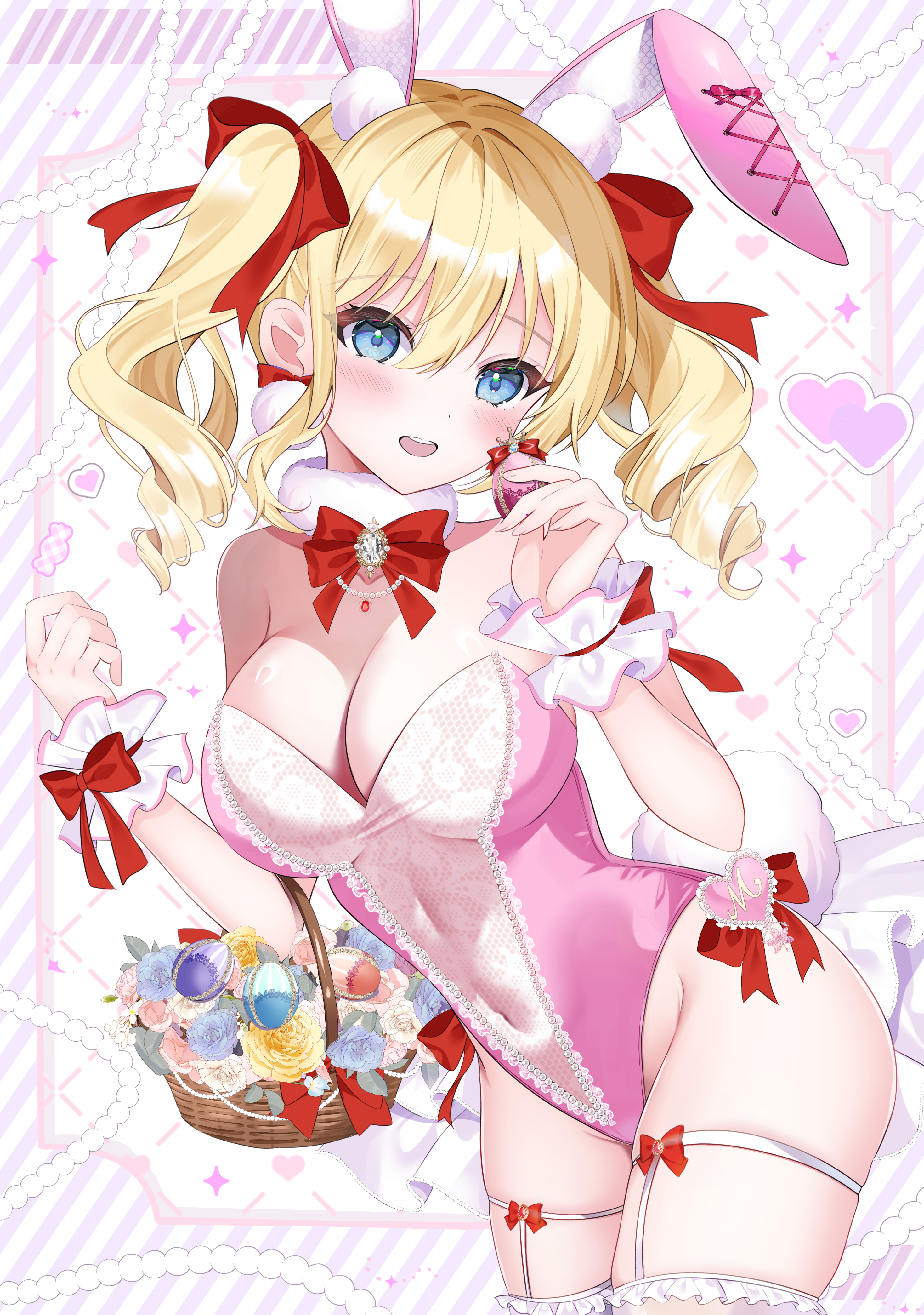 tsukimiya sara, original, absurdres, commentary request, highres, 1girl, animal ears, bare shoulders, basket, blonde hair, blue eyes, blush, bow, bowtie, breasts, cleavage, covered navel, cowboy shot, drill hair, easter, egg, fake animal ears, fake tail, flower basket, frilled wrist cuffs, frills, groin, hair between eyes, hands up, highleg, highleg leotard, holding, holding basket, holding egg, lace-trimmed leotard, lace trim, large breasts, leaning forward, leotard, long hair, looking at viewer, open mouth, pink leotard, playboy bunny, rabbit ears, rabbit tail, red bow, red bowtie, solo, strapless, strapless leotard, tail, teeth, twin drills, two side up, upper teeth only, white wrist cuffs, wicker basket, wrist cuffs