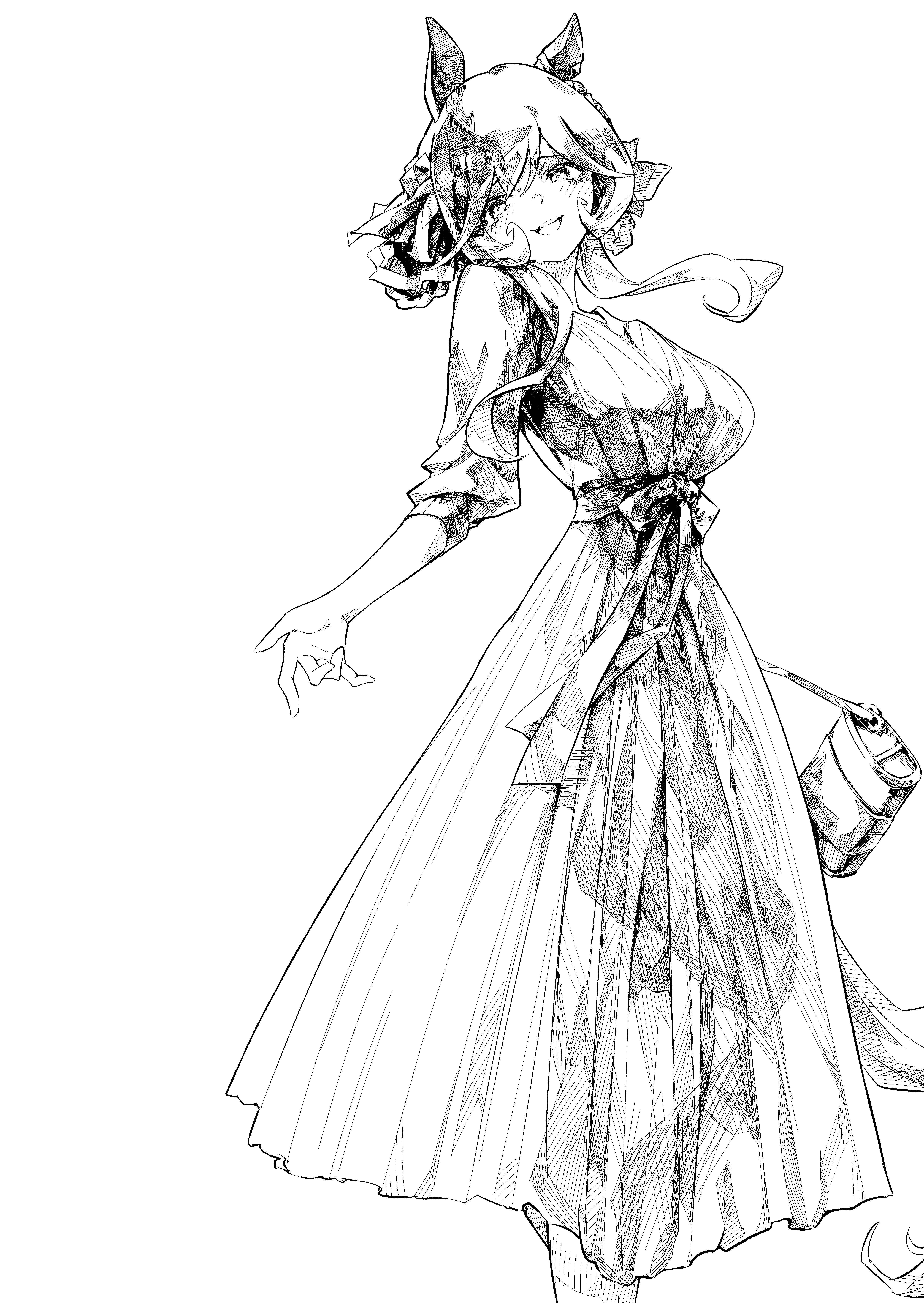 hasukurira, gentildonna (umamusume), umamusume, absurdres, commentary request, highres, 1girl, alternate costume, animal ears, bag, blush, braid, dress, feet out of frame, greyscale, head tilt, horse ears, horse girl, horse tail, long hair, looking at viewer, monochrome, open door, open mouth, smile, solo, standing, tail, yandere