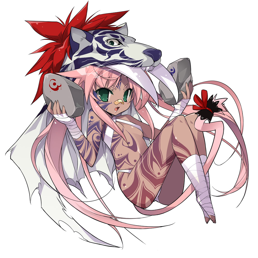 kotamaru (pajama soft), original, 1girl, bandages, bandaid, dark-skinned female, dark skin, fang, female focus, green eyes, hat, long hair, pink hair, simple background, solo, tattoo, tribal