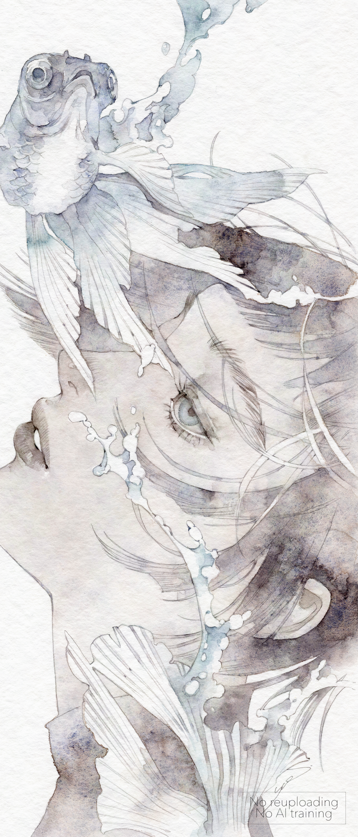 yue (memento1113), original, absurdres, commentary request, highres, painting (medium), traditional media, watercolor (medium), 1girl, black hair, black lips, blue eyes, eyelashes, fish, from side, head back, lips, lipstick, makeup, nose, pale color, parted lips, portrait, profile, short hair, simple background, solo, turtleneck, watermark, white background