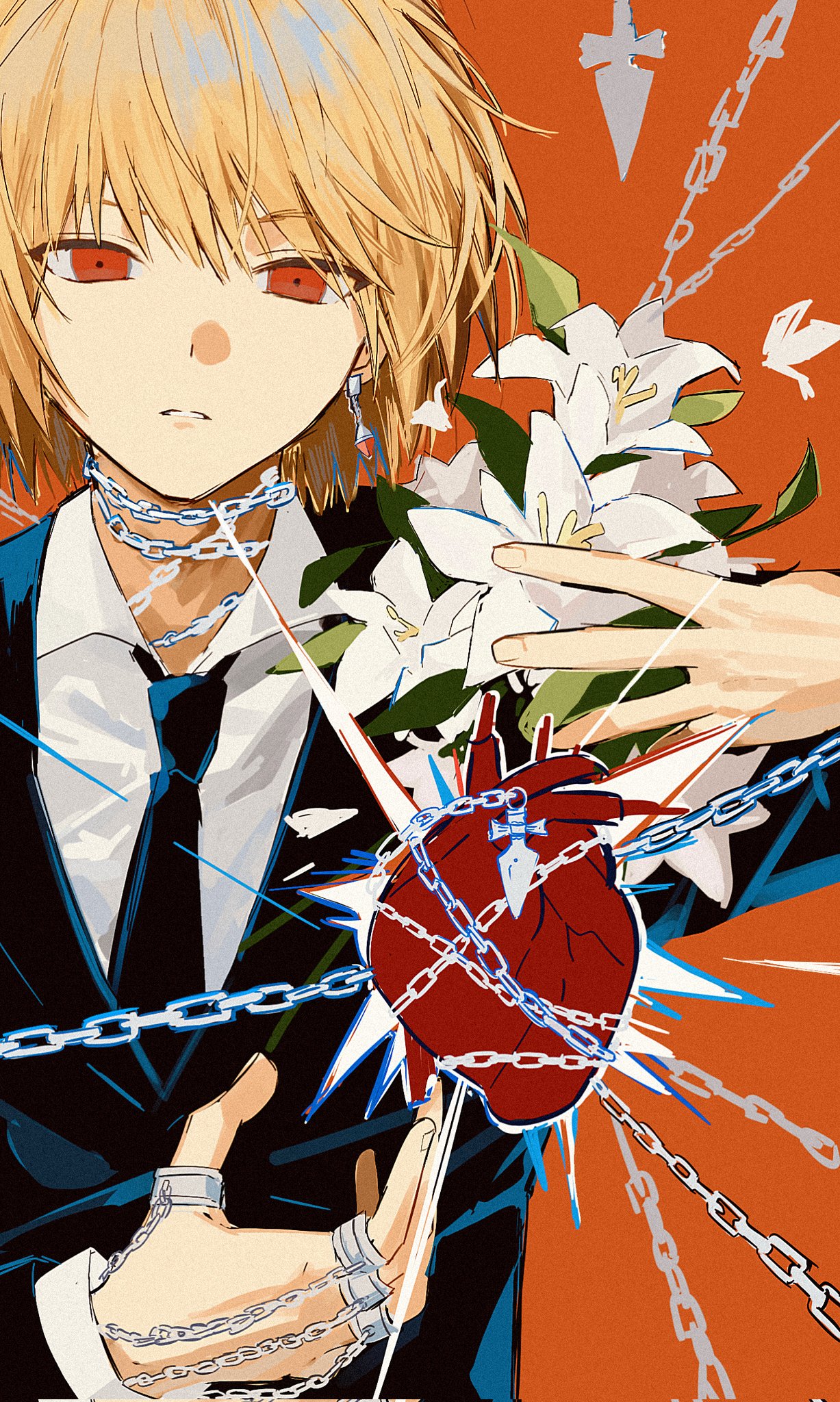 sevenlistening, kurapika, hunter x hunter, commentary request, highres, 1boy, black jacket, black necktie, blonde hair, closed mouth, collared shirt, earrings, hand chains, heart (organ), jacket, jewelry, male focus, necktie, orange background, parted lips, red eyes, shirt, short hair, simple background, solo, suit jacket, teeth, upper body, white shirt