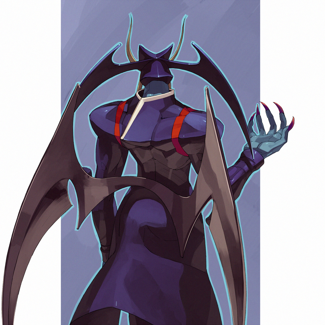 shihou (g-o-s), jedah dohma, capcom, darkstalkers, 1boy, bat wings, blue skin, colored skin, head wings, male focus, simple background, solo, vampire, wings