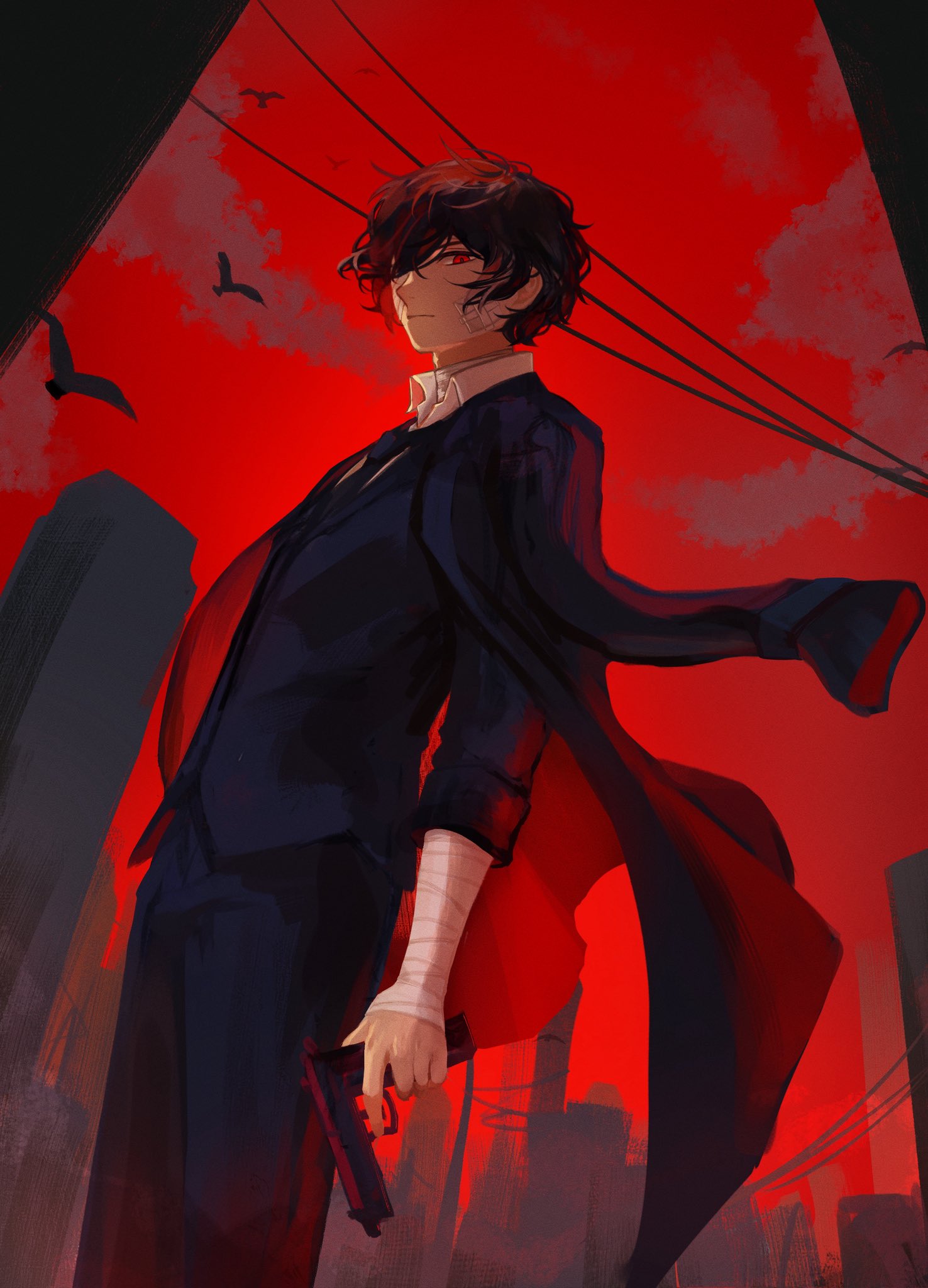 ufomelet et, dazai osamu (bungou stray dogs), bungou stray dogs, hashtag-only commentary, highres, 1boy, bandaged arm, bandaged neck, bandages, black coat, black hair, black jacket, black necktie, black pants, closed mouth, coat, coat on shoulders, collared shirt, floating hair, from below, gauze, gauze on cheek, gun, holding, holding gun, holding weapon, jacket, looking at viewer, male focus, necktie, pants, red eyes, red sky, shirt, sky, solo, standing, suit jacket, weapon, white shirt