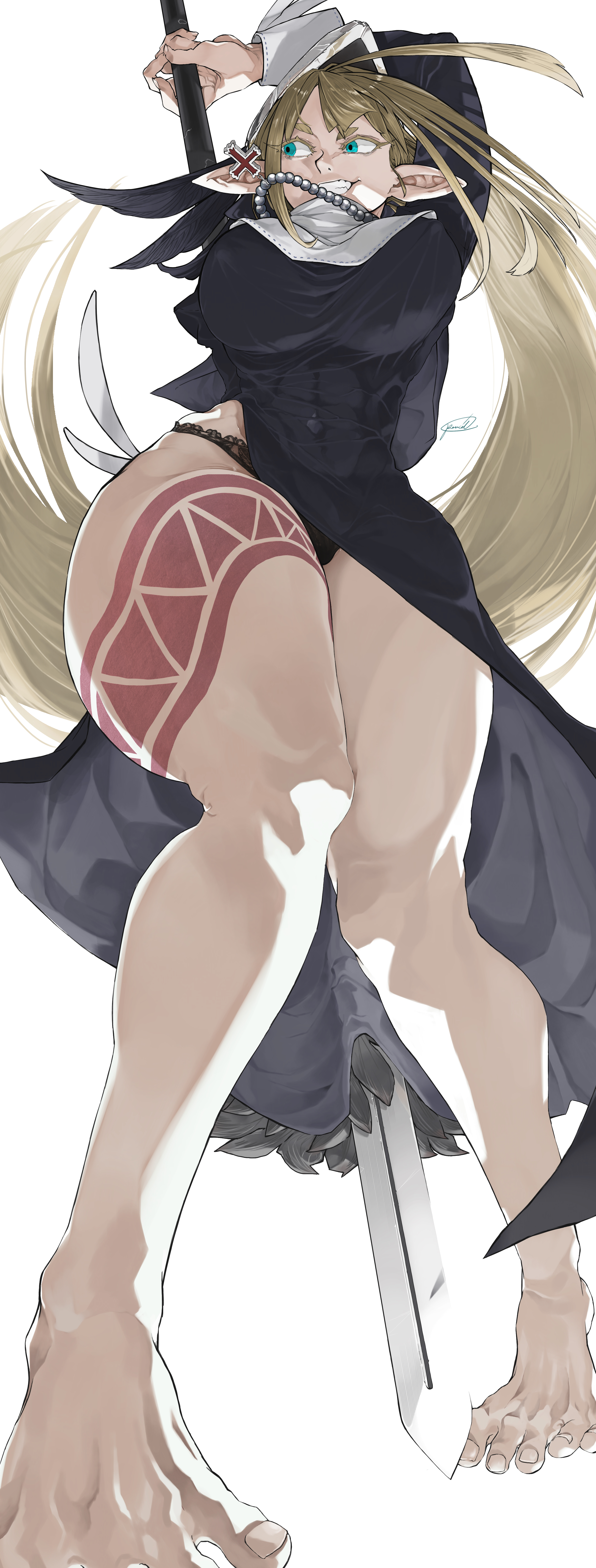 pakupaku keema, gibril (isekai samurai), isekai samurai, absurdres, commentary, highres, barefoot, breasts, cross, cross necklace, elf, feet, holding, holding polearm, holding weapon, jewelry, long hair, long pointy ears, necklace, nun, pointy ears, polearm, signature, smile, spear, toes, weapon, white background