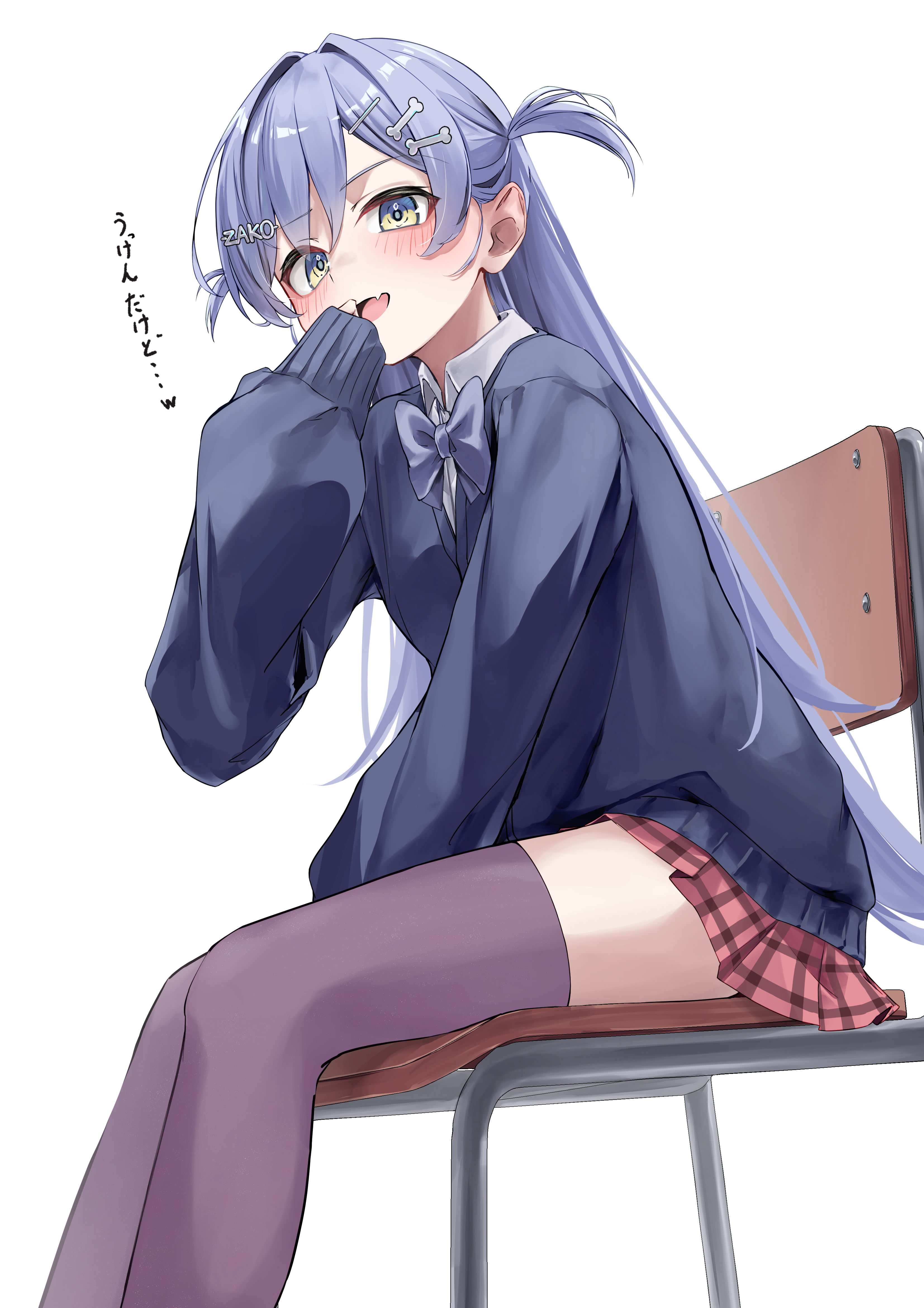 sakahana, yano kuromu, vspo!, absurdres, commentary request, highres, translation request, 1girl, alternate costume, black sweater, blue bow, blue eyes, blush, bone hair ornament, bow, chair, collared shirt, fang, feet out of frame, grey thighhighs, hair between eyes, hair ornament, hand on own face, hand up, looking at viewer, miniskirt, open mouth, plaid clothes, plaid skirt, pleated skirt, red skirt, shirt, sitting, skin fang, skirt, sleeves past wrists, solo, sweater, thighhighs, two side up, virtual youtuber, white background, white shirt, zako (phrase), zettai ryouiki