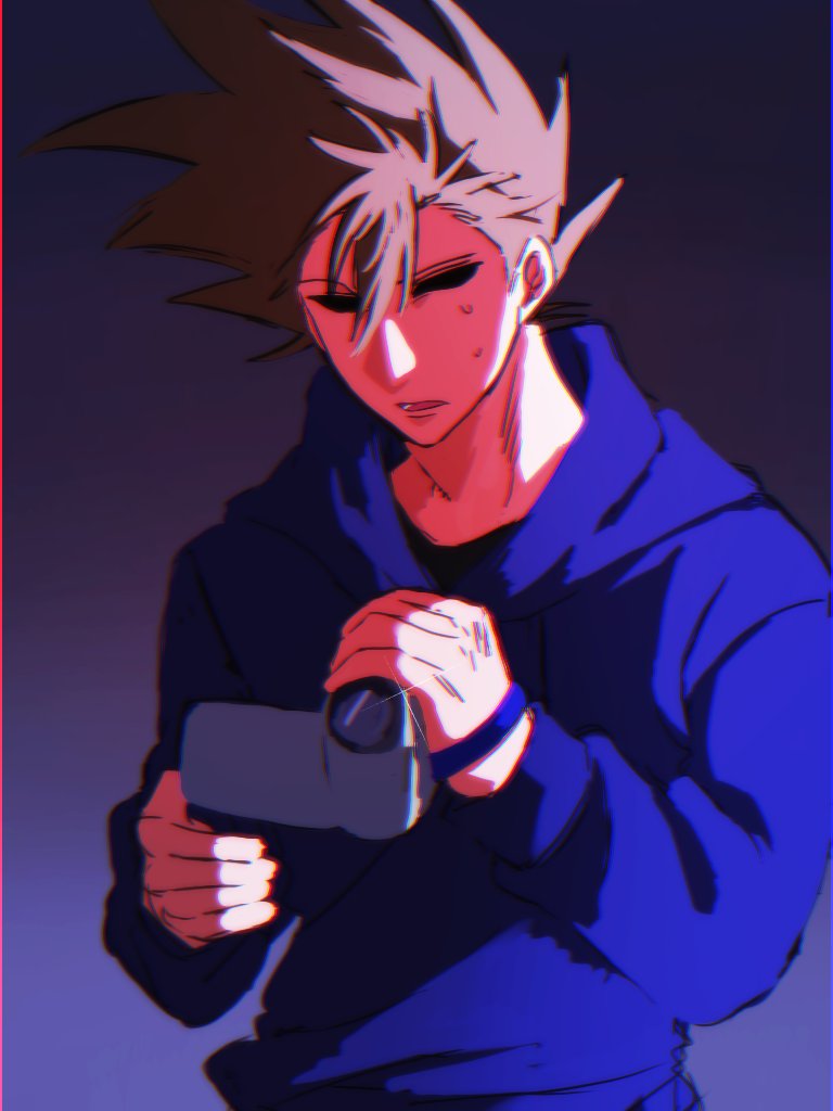 goma (gomaaa 86), tom (eddsworld), eddsworld, commentary, symbol-only commentary, 1boy, animification, blue hoodie, brown hair, camcorder, camera, drawstring, hair between eyes, holding, holding camera, hollow eyes, hood, hood down, hoodie, long sleeves, male focus, open mouth, scene reference, short hair, simple background, solo, spiked hair, sweat, upper body, video camera