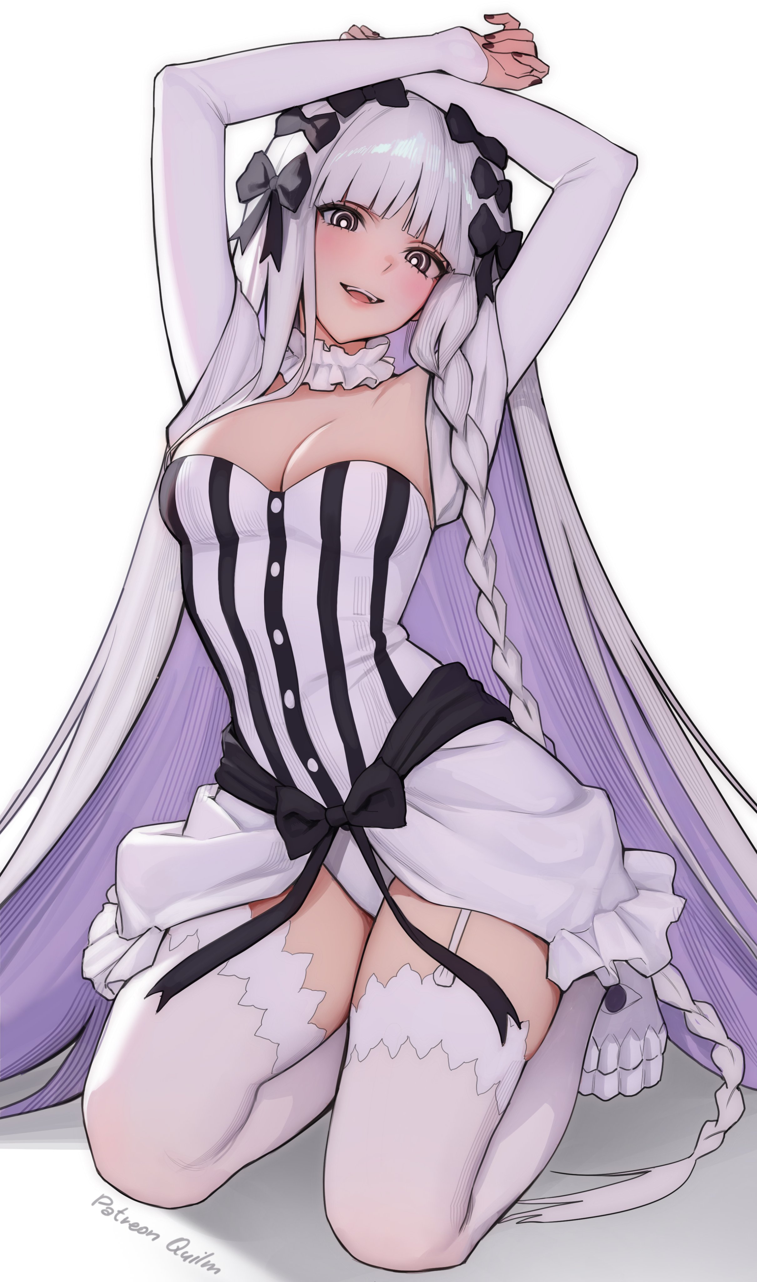 quilm, francesca prelati (fate), fate (series), absurdres, commentary, english commentary, highres, 1girl, arms up, black bow, blush, bow, braid, breasts, choker, cleavage, dress, frilled choker, frills, full body, garter straps, hair bow, kneeling, long braid, long hair, looking at viewer, medium breasts, multiple hair bows, open mouth, purple eyes, simple background, smile, solo, thighhighs, very long hair, white background, white choker, white hair, white thighhighs